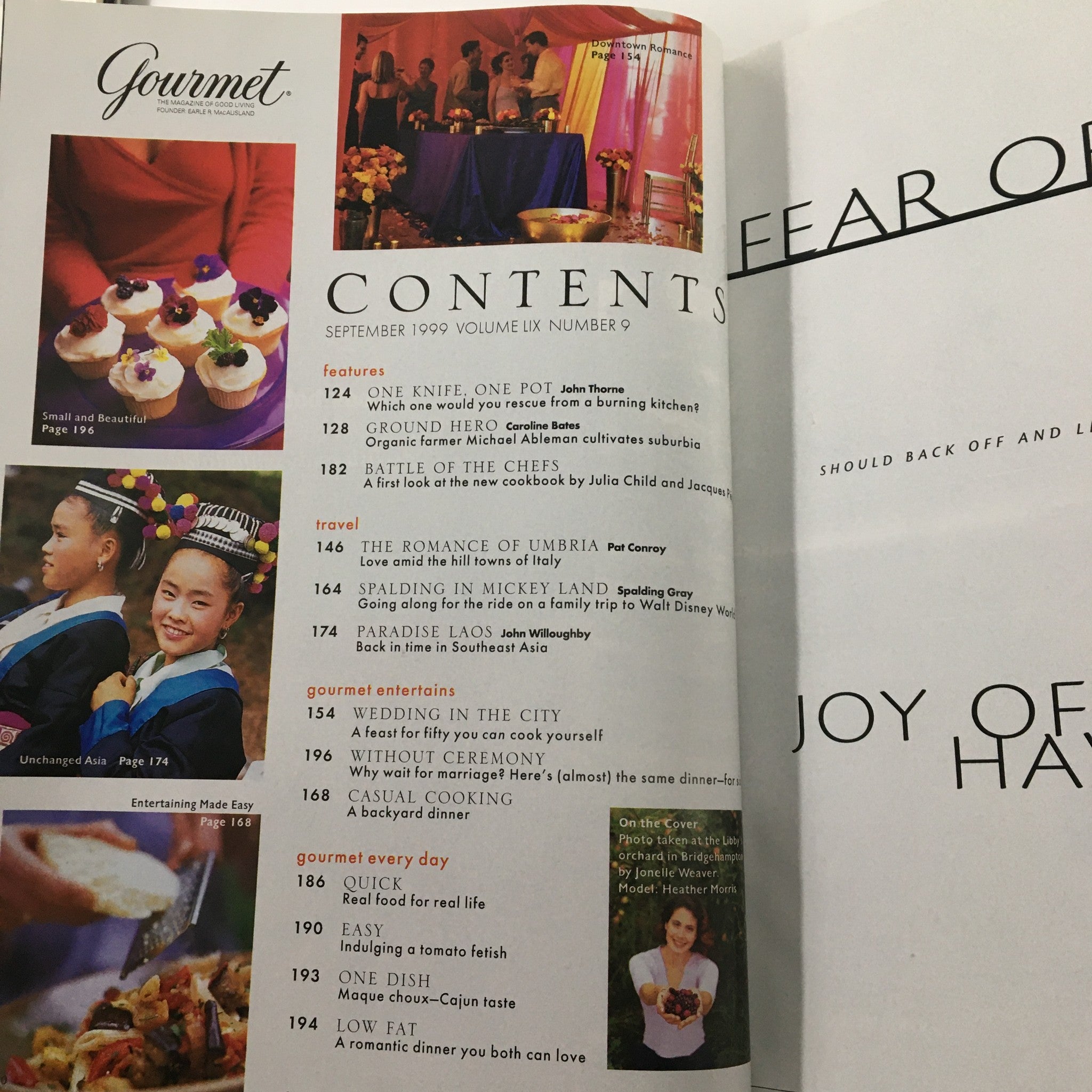 Gourmet Magazine September 1999 featuring a table of contents with articles including 'The Romance of Umbria' by Pat Conroy, 'Ground Hero' highlighting organic farmer Michael Aberlman, and 'One Knife, One Pot.'