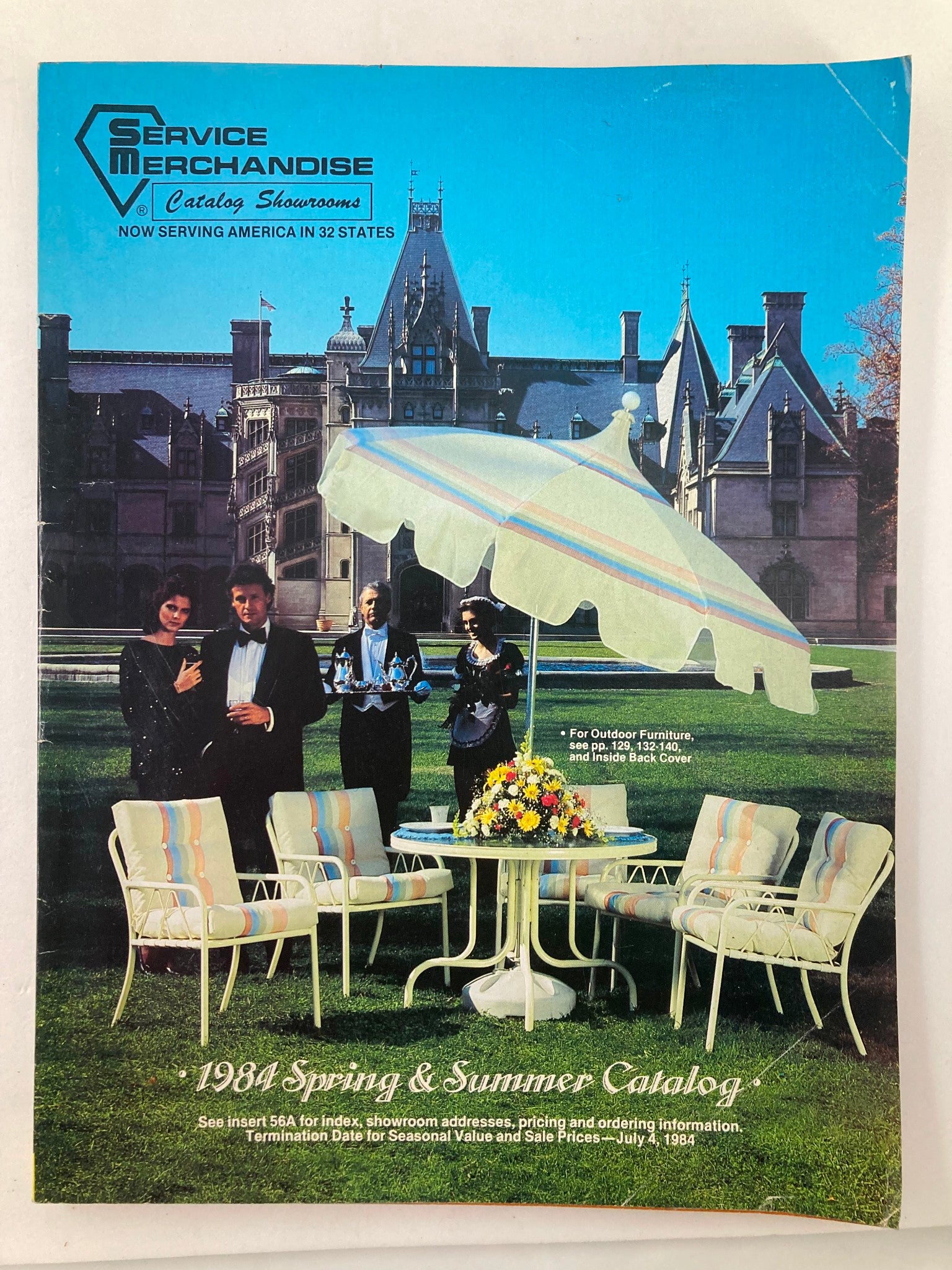 1984 Service Merchandise Spring and Summer Catalog Showrooms cover featuring a stylish outdoor scene with people, elegant patio furniture, and a backdrop of a grand building.