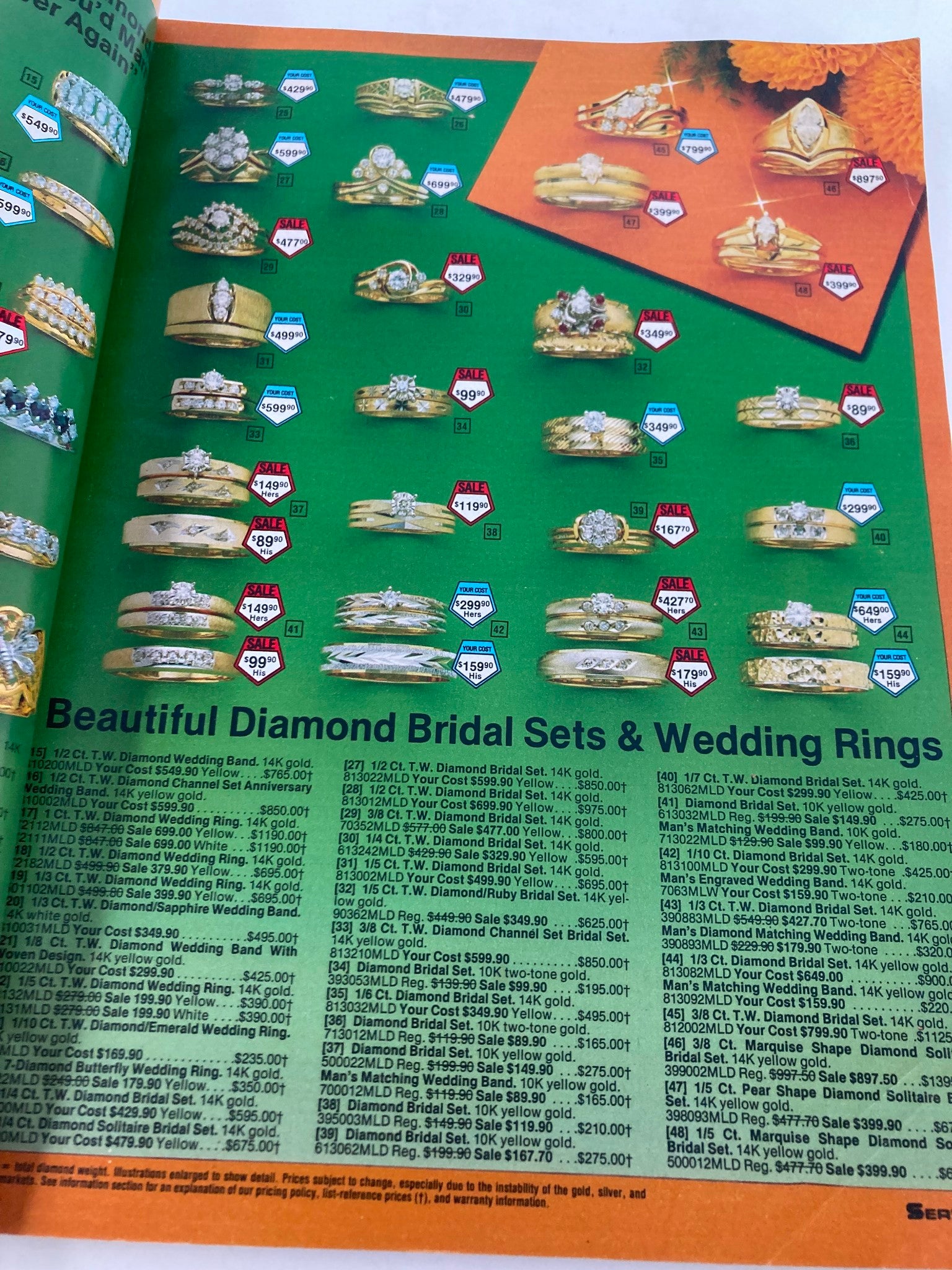 1984 Service Merchandise Spring and Summer Catalog showcasing beautiful diamond bridal sets and wedding rings on a vibrant green background with price tags.