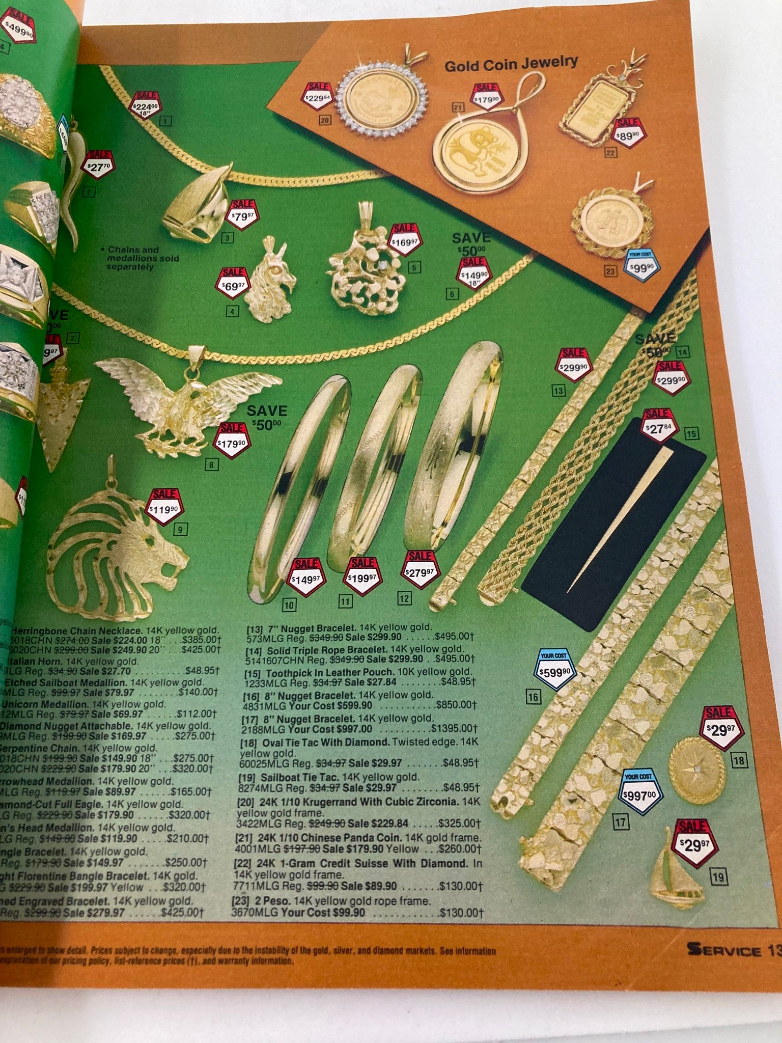 Close-up of gold coin jewelry featured in the 1984 Service Merchandise Spring and Summer Catalog, displaying various gold necklaces, bracelets, and pendants with sale prices.