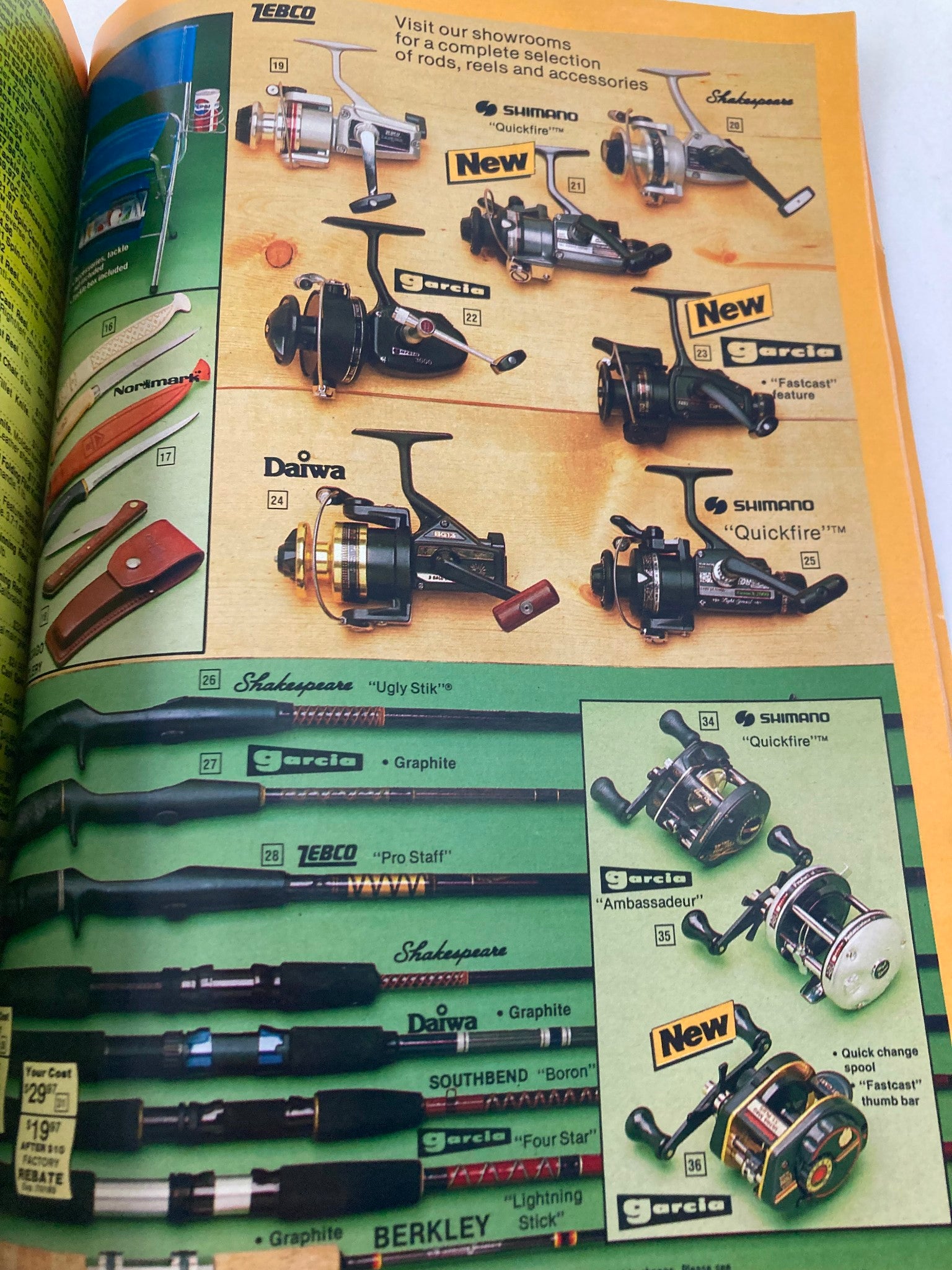 1984 Service Merchandise Spring and Summer Catalog Showrooms featuring a selection of fishing rods and reels with brands like Garcia, Shimano, and Daiwa.