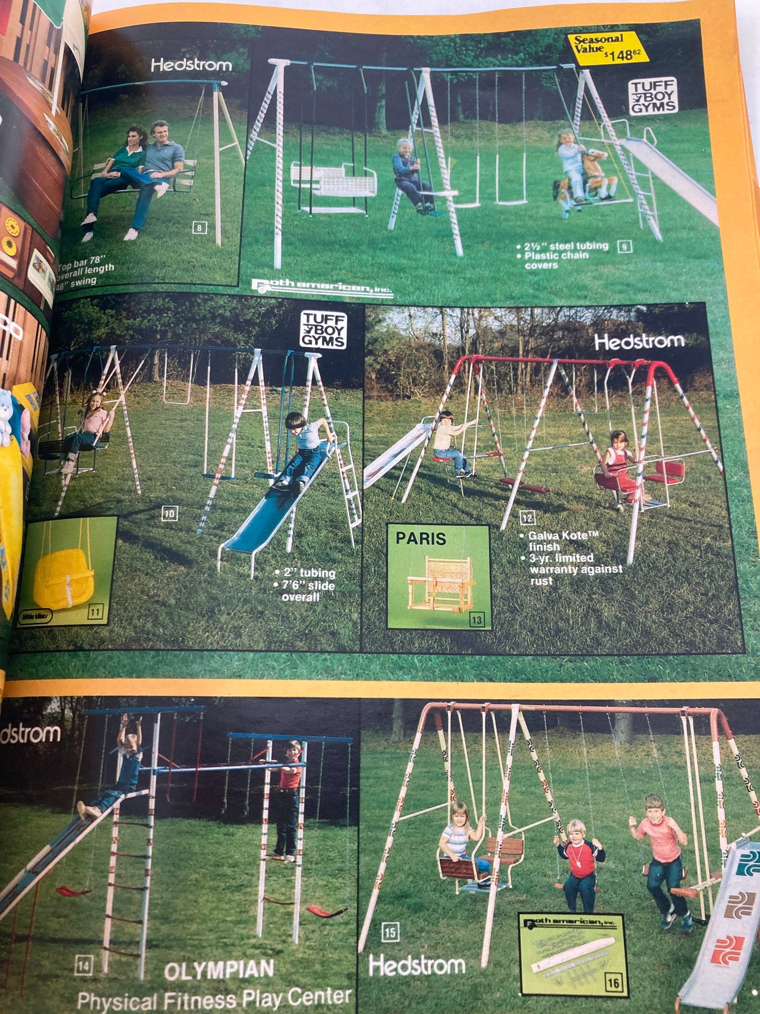 1984 Service Merchandise Spring and Summer Catalog Showrooms showcasing outdoor swings and playsets from the Hedstrom brand, depicting children playing.