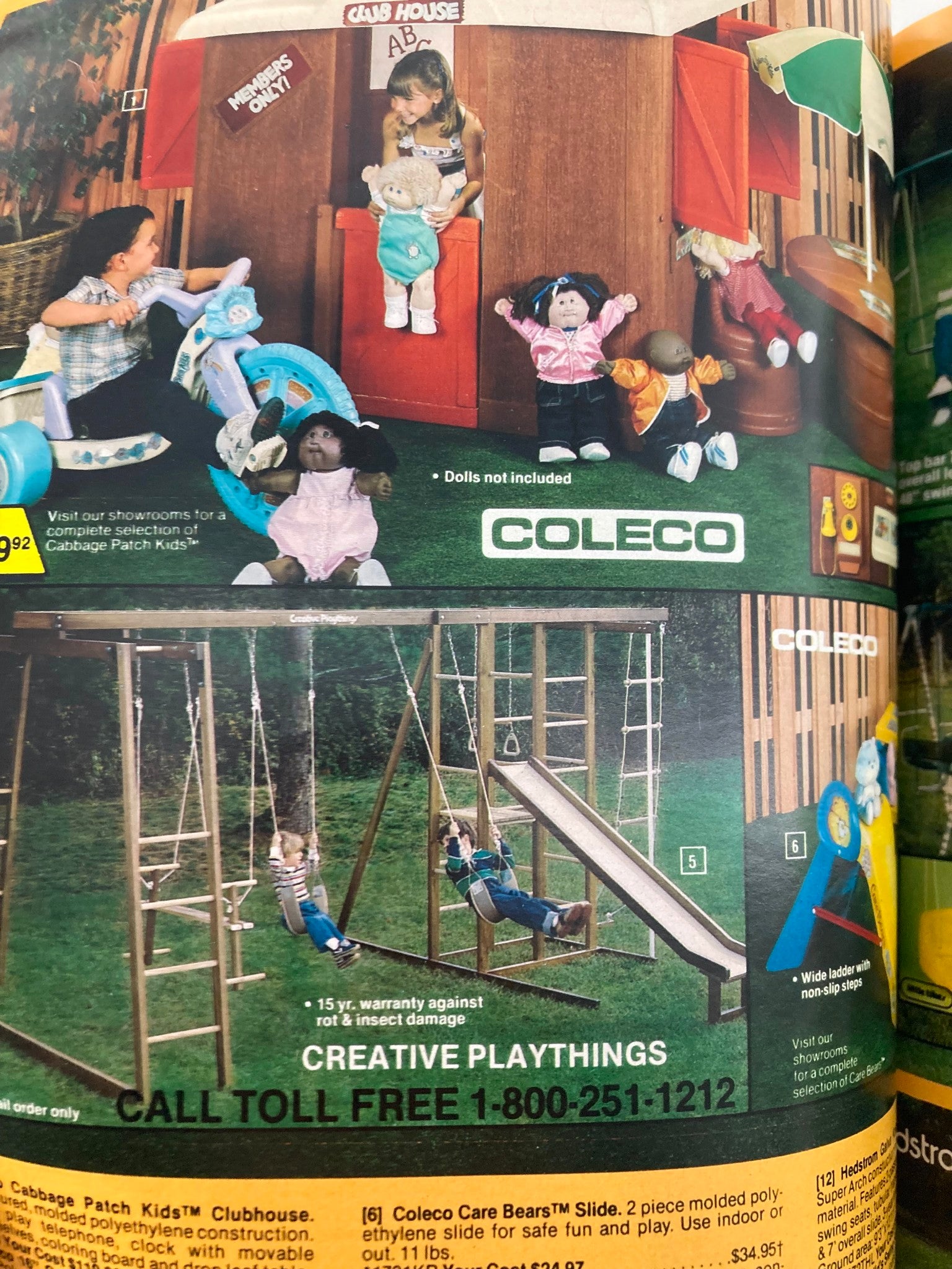 1984 Service Merchandise Spring and Summer Catalog Showrooms displaying toys and play equipment, including Cabbage Patch Kids and swing sets from Coleco.