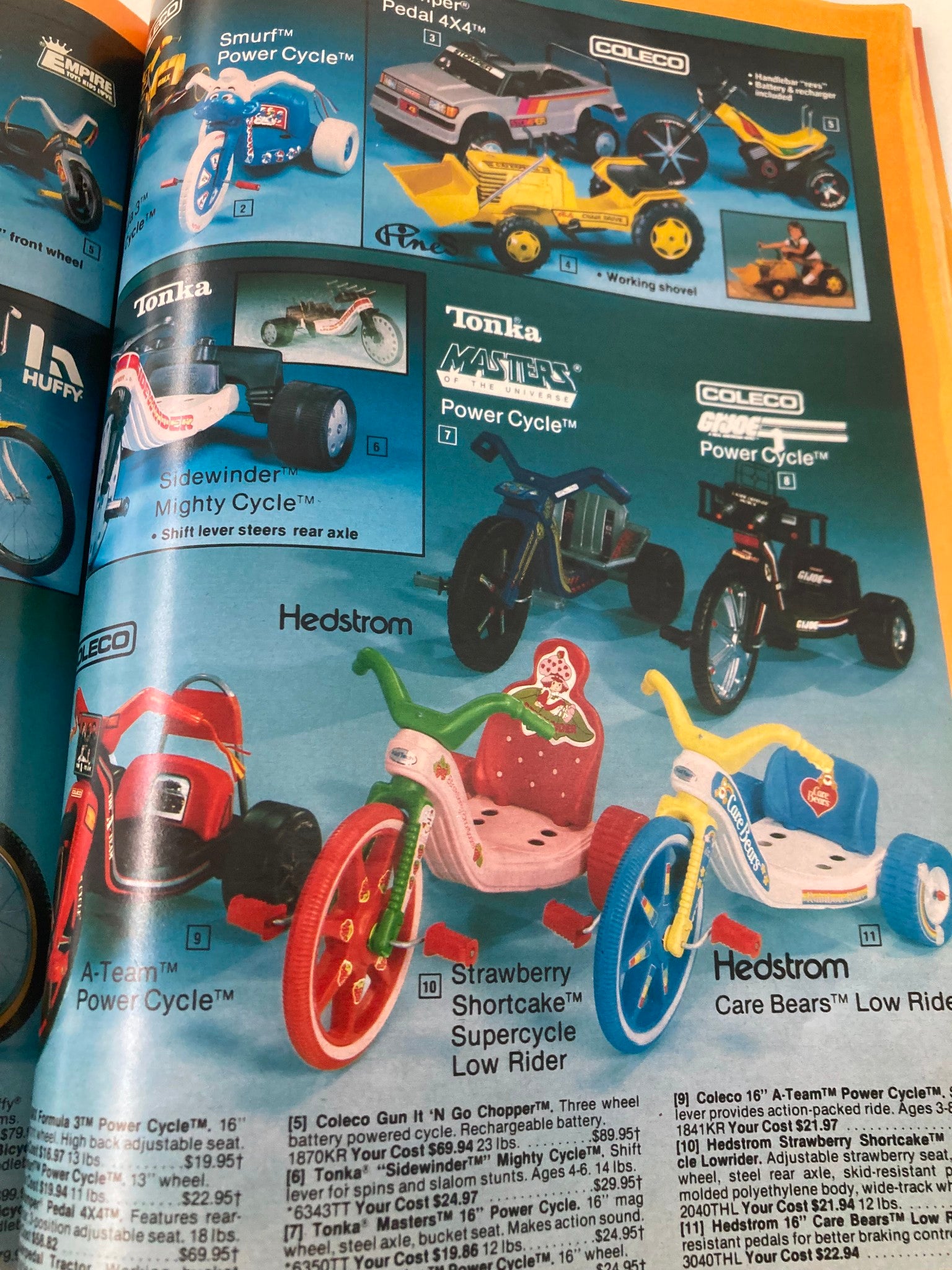 1984 Service Merchandise Spring and Summer Catalog Showrooms illustrating various children's ride-on toys, including power cycles and tricycles from Coleco and Tonka.