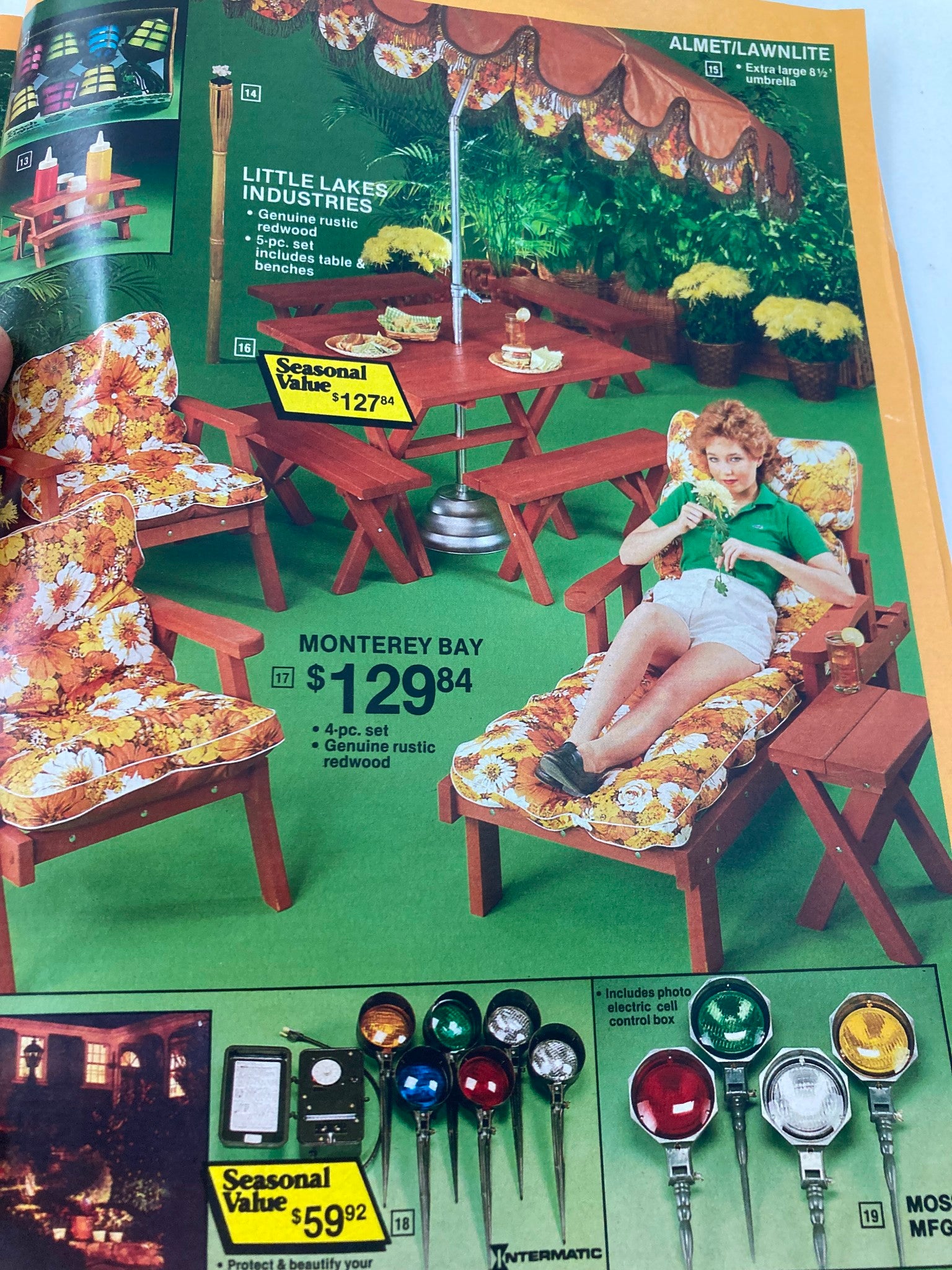 1984 Service Merchandise Spring and Summer Catalog Showrooms presenting a rustic outdoor furniture set including a table, chairs, and an umbrella from Little Lakes Industries.