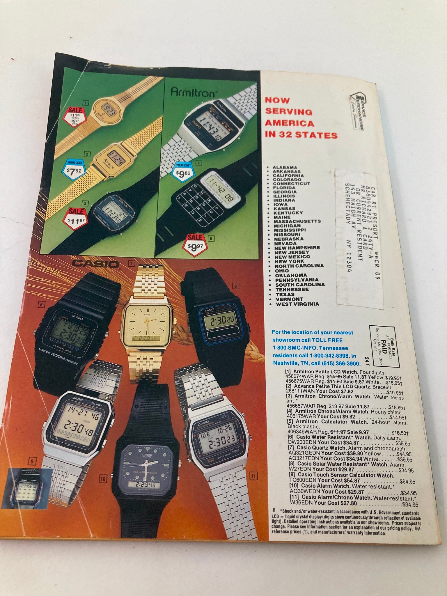 1984 Service Merchandise Spring and Summer Catalog Showrooms showcasing various Armitron and Casio watches, with prices listed and a vibrant color scheme.