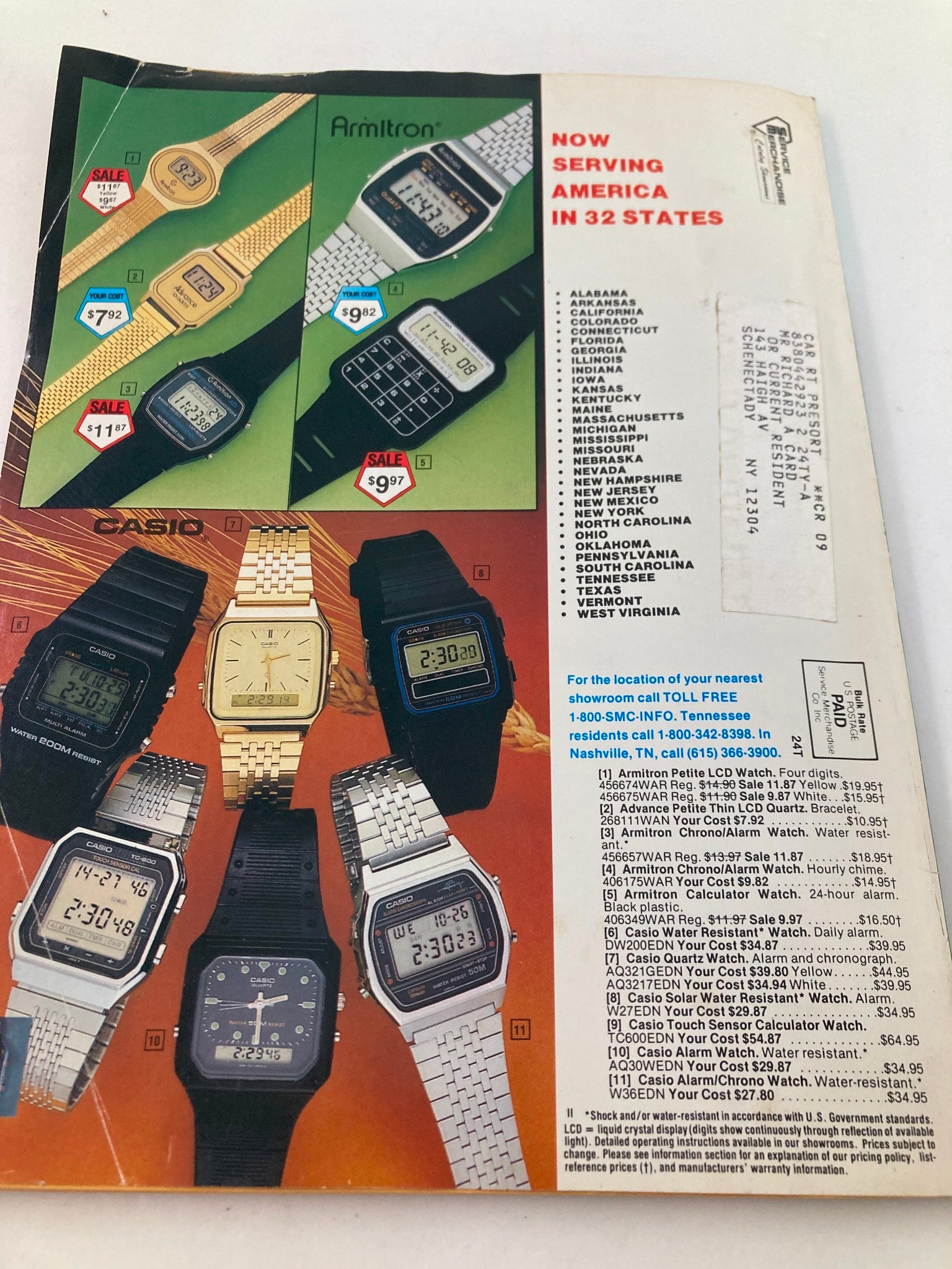 1984 Service Merchandise Spring and Summer Catalog Showrooms featuring a selection of Armitron and Casio watches on the cover, highlighting the prices and product options available.