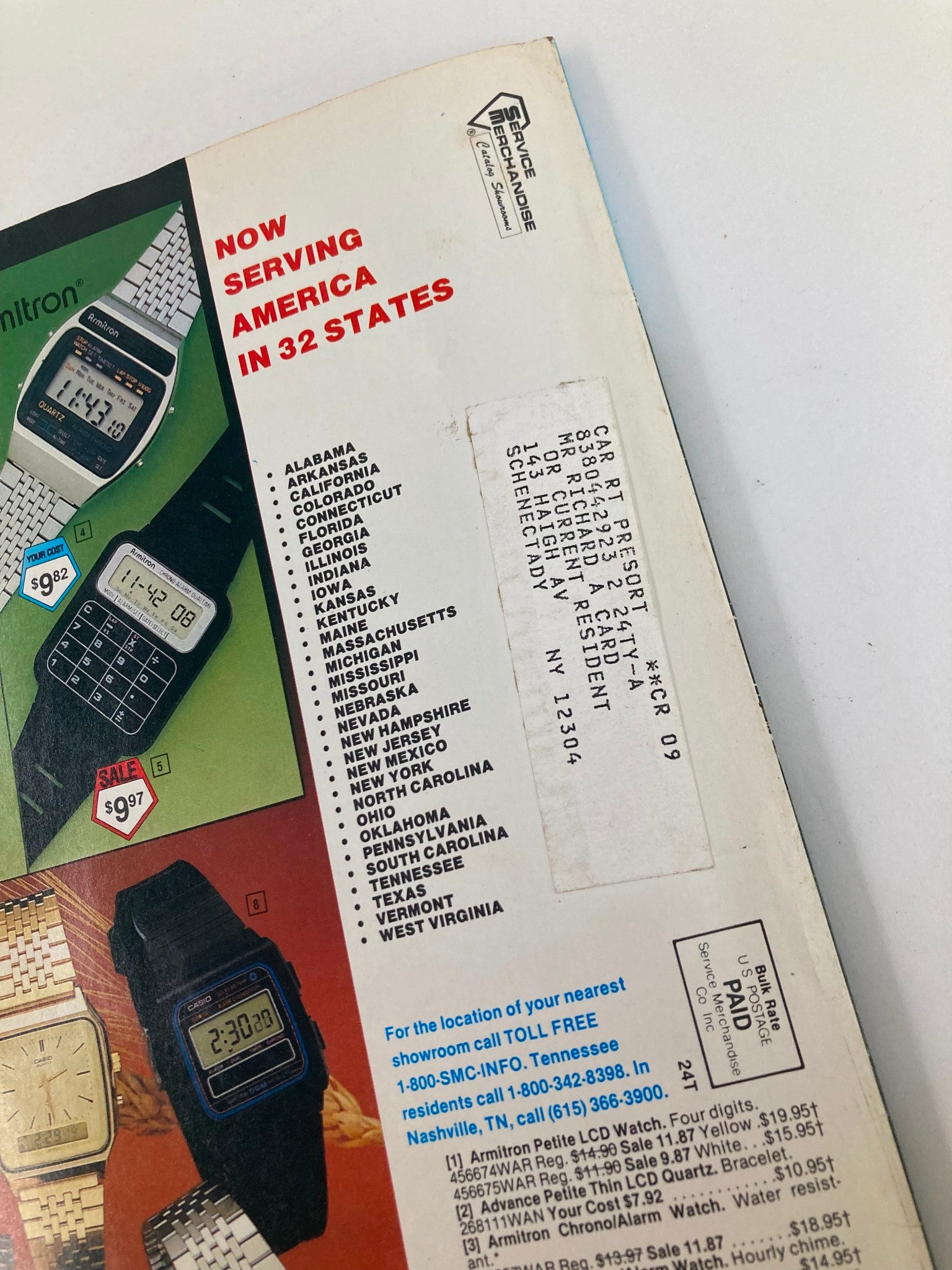 Close-up of the 1984 Service Merchandise Spring and Summer Catalog Showrooms, displaying the 'Now Serving America in 32 States' information along with different watch models by Armitron and Casio.