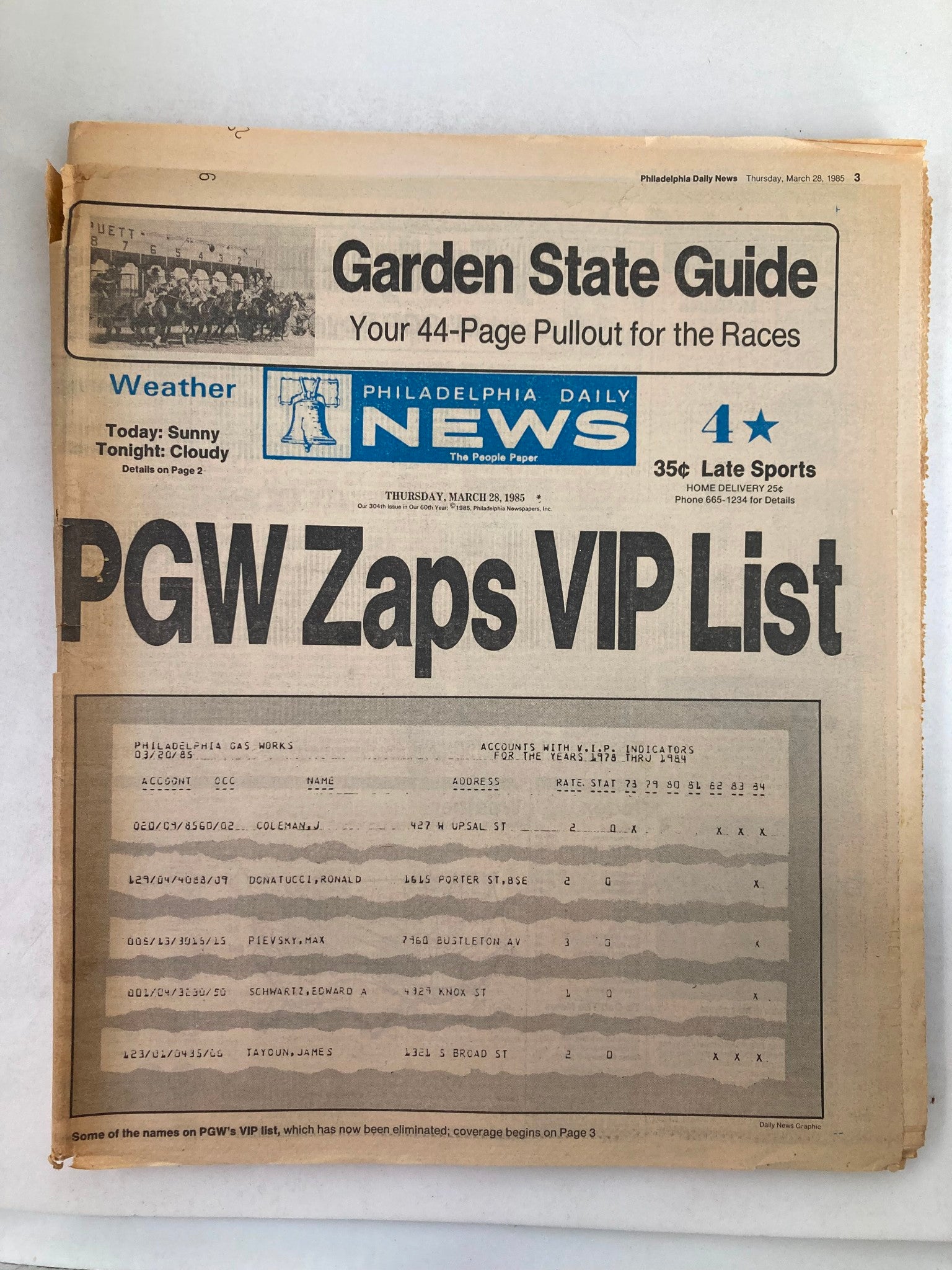 Philadelphia Daily News Tabloid March 28 1985 PGW Zaps VIP List