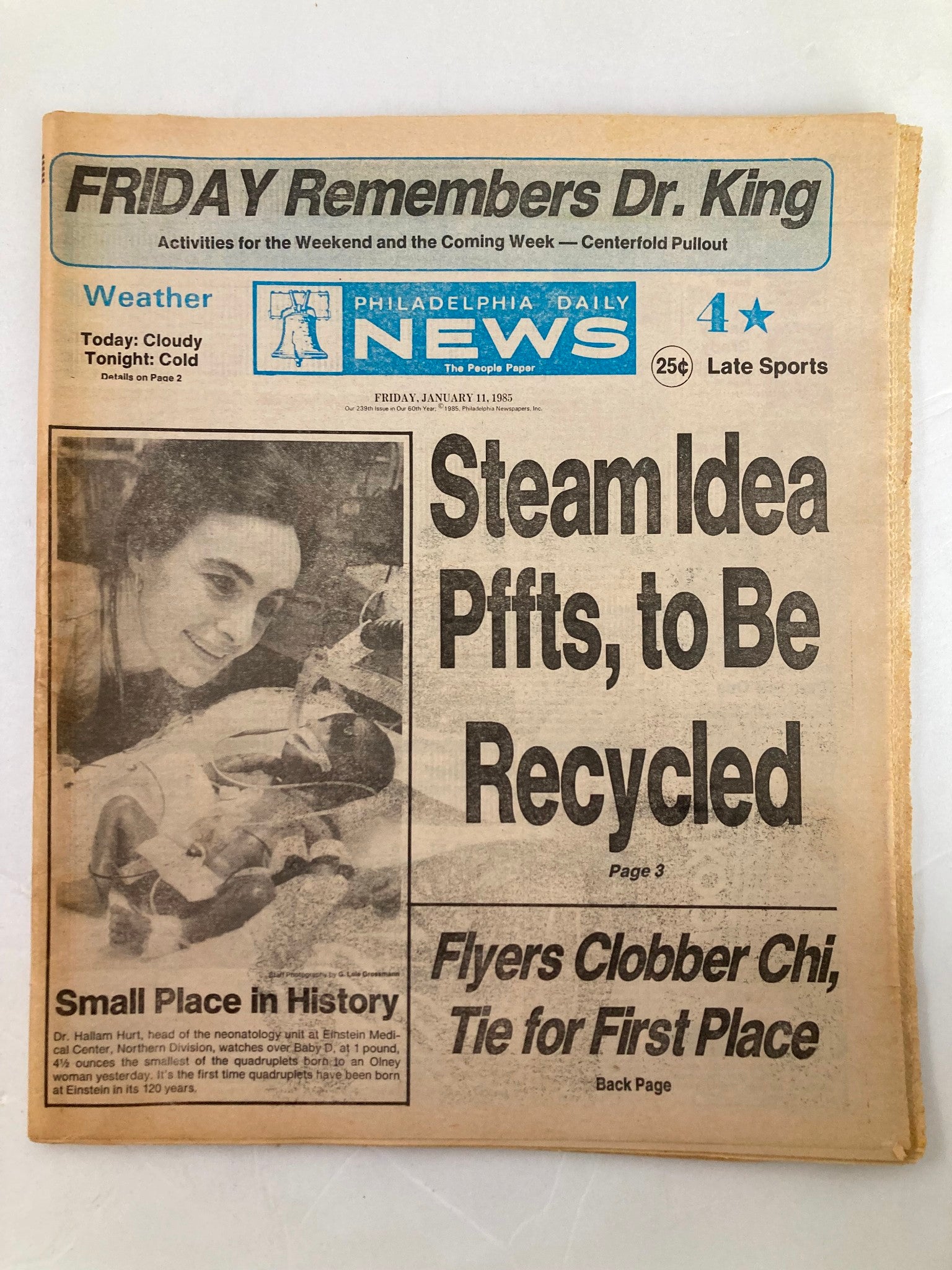 Philadelphia Daily News Tabloid from January 11, 1985, featuring a headline about Dr. Hallam Hurt, head of Neonatology. The image includes a front page display with news about the weather, sports, and articles on various topics.