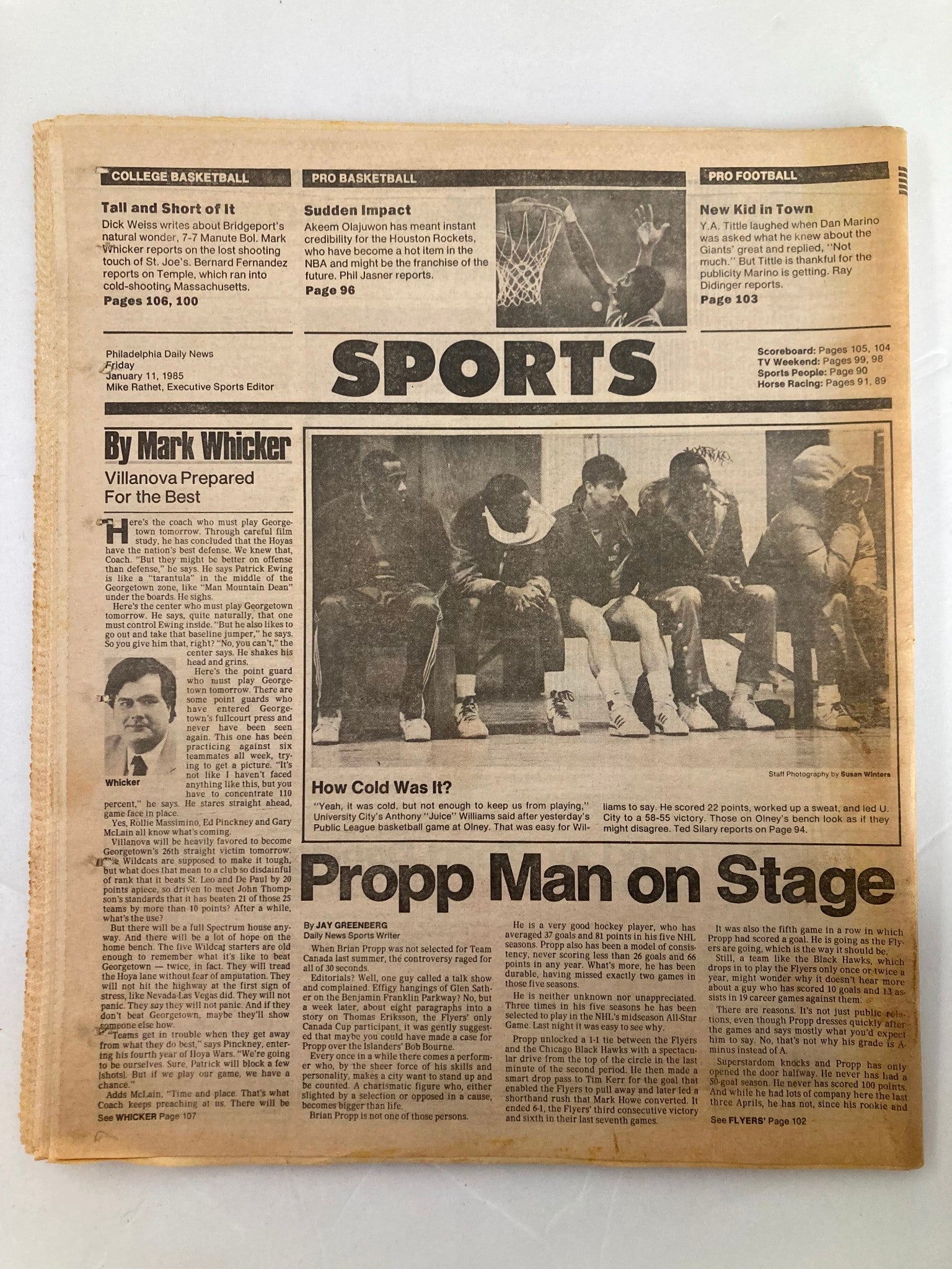Philadelphia Daily News Tabloid from January 11, 1985, showcasing Dr. Hallam Hurt in a Neonatology feature on the Sports section, highlighting the Propp Man on Stage article, with vintage newspaper texture.