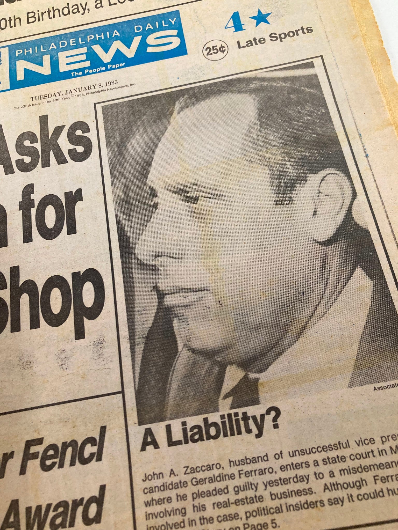 Philadelphia Daily News Tabloid January 8 1985 John A. Zaccaro A Liability?