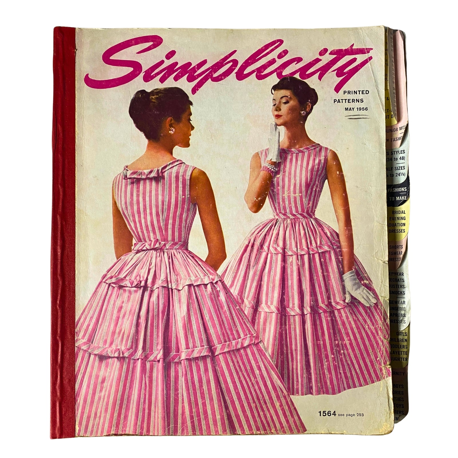 1956 May Simplicity Sewing Pattern Catalog cover featuring a vintage fashion illustration of two women wearing striped dresses, showcasing mid-century style and elegance.