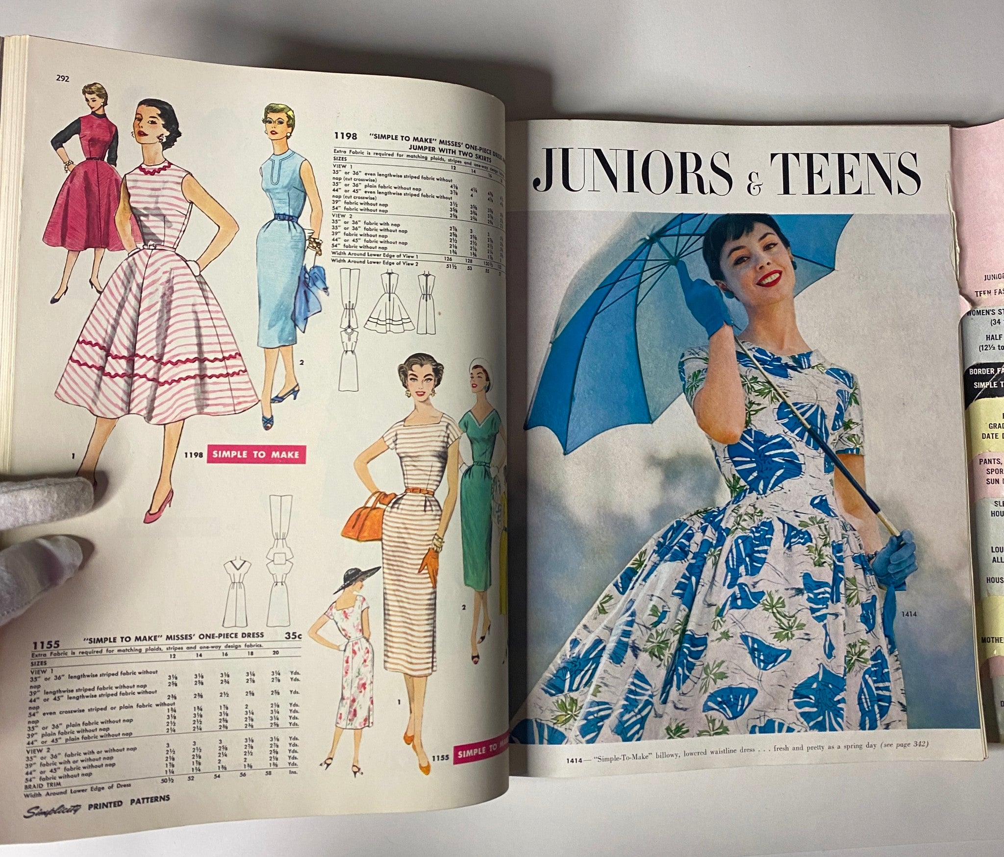 1956 May Simplicity Sewing Pattern Catalog showcasing elegant dresses for Misses and Juniors, including styles with structured silhouettes, vibrant patterns, and fashion illustrations.