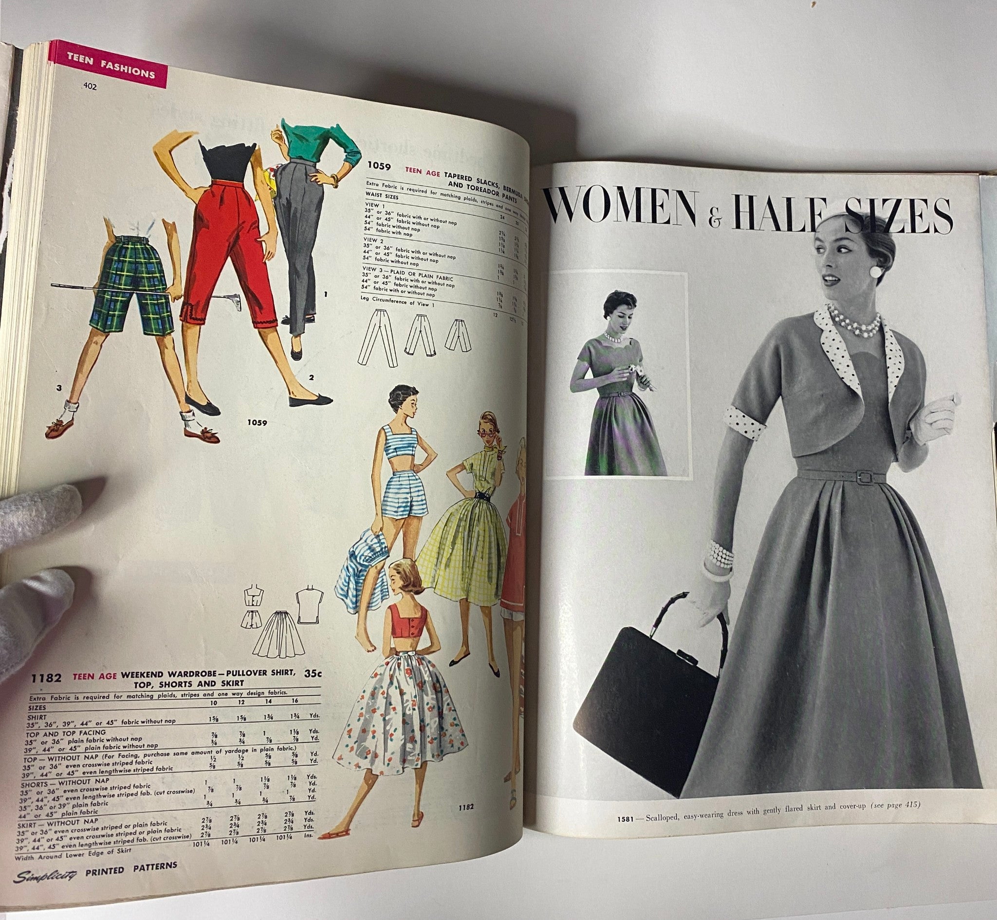 1956 May Simplicity Sewing Pattern Catalog featuring diverse women's and teen's fashion, highlighting stylish skirts, blouses, and dress designs influenced by 1950s American style.