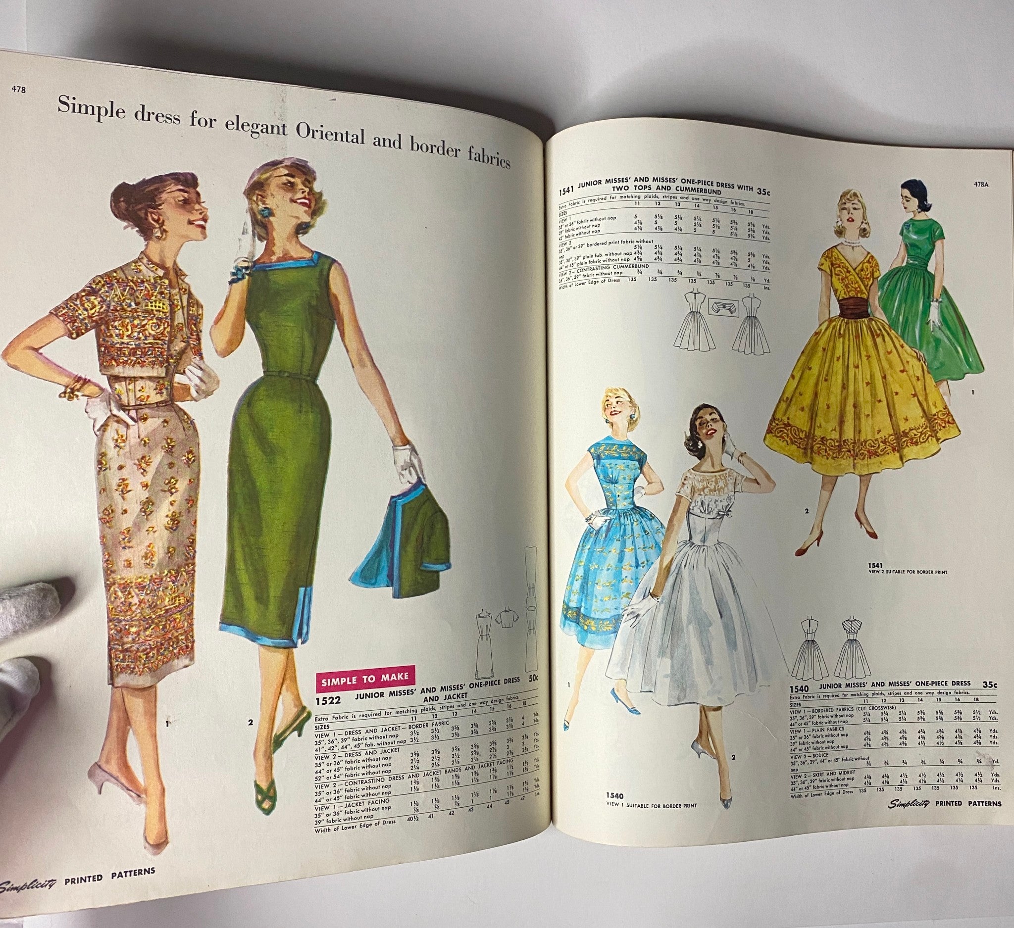 1956 May Simplicity Sewing Pattern Catalog displaying refined dress options in elegant colors and patterns, designed for various occasions, emphasizing feminine lines and classic details.