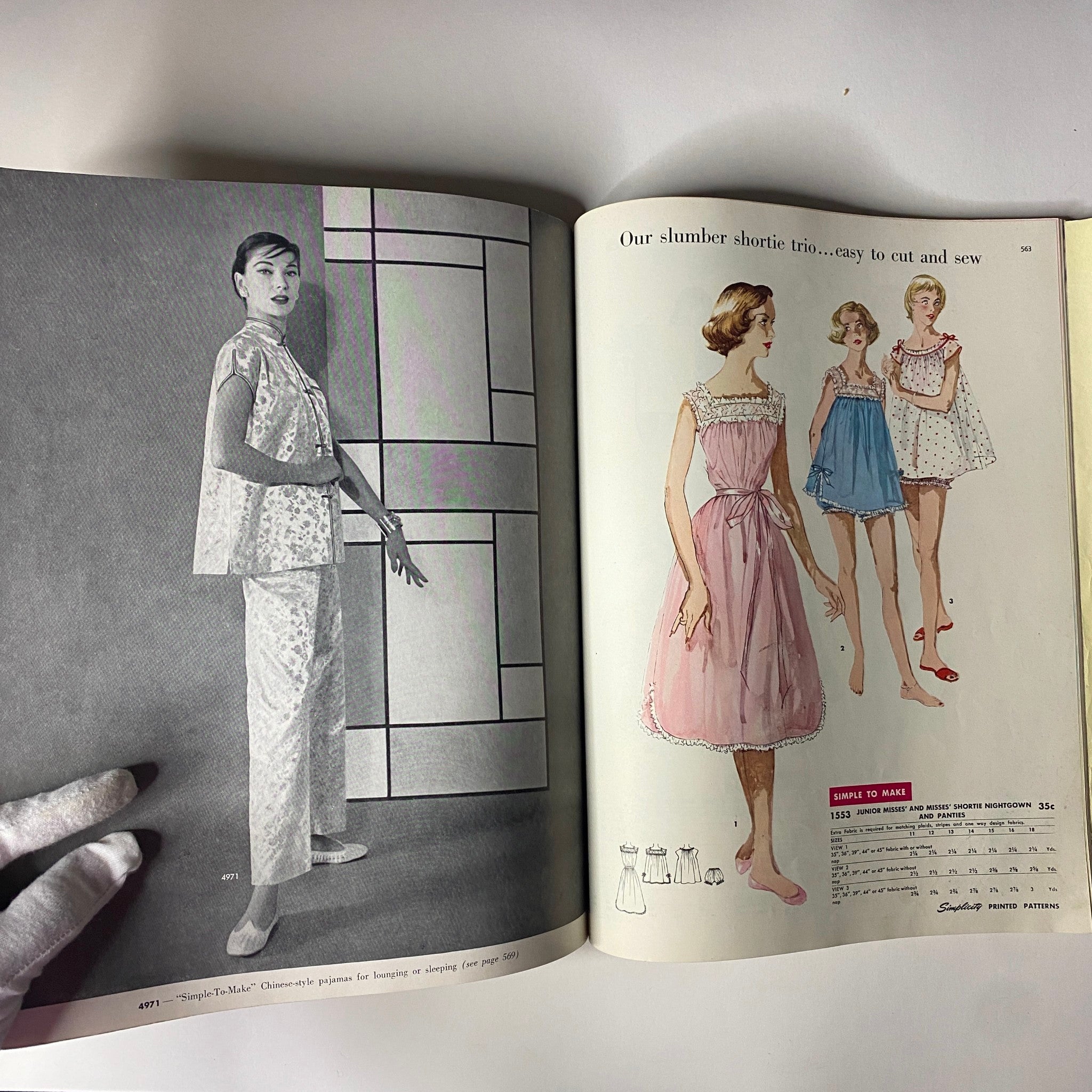 1956 May Simplicity Sewing Pattern Catalog illustrating comfortable home wear and active wear options, including sleepwear styles and easy-to-make garments for lounging.