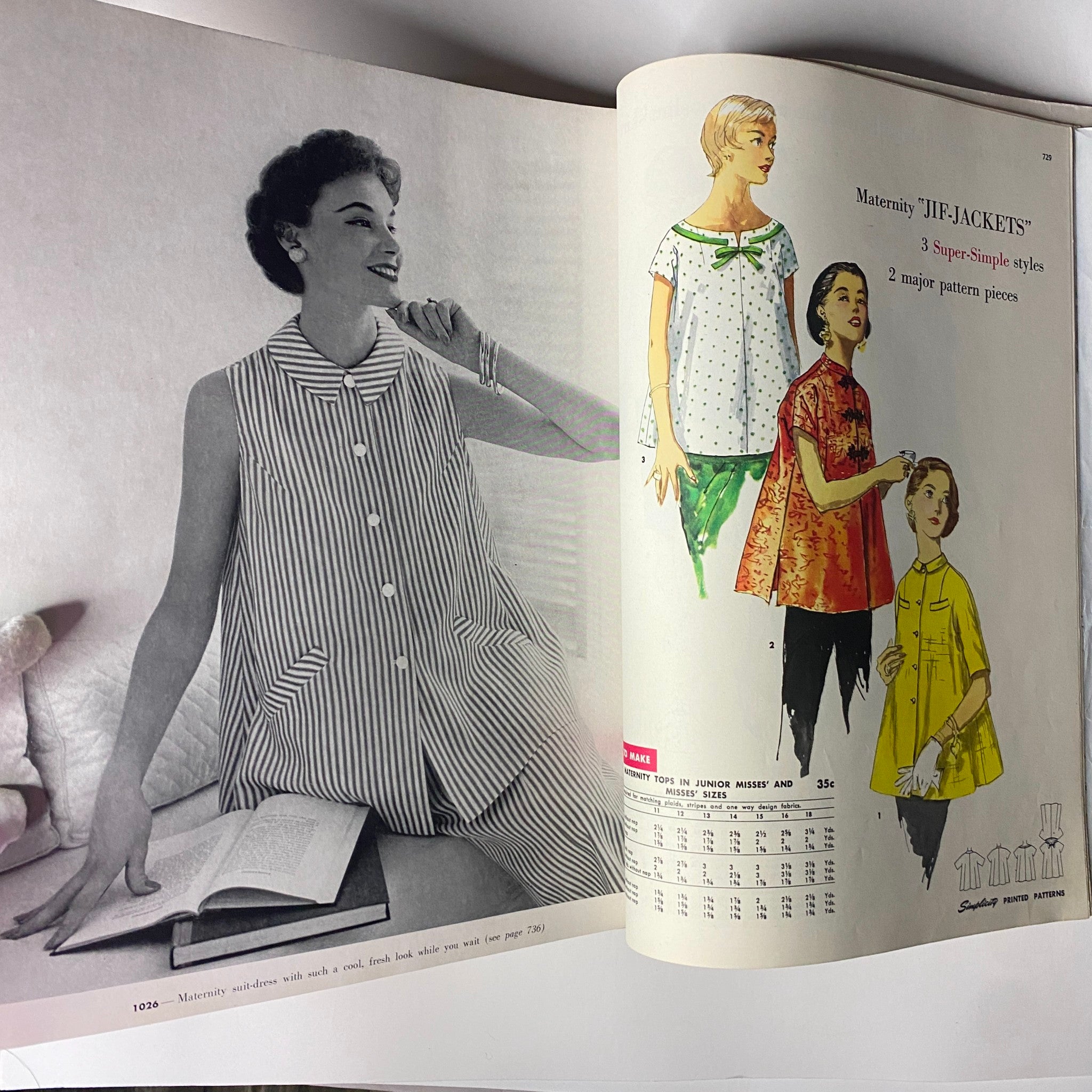 1956 May Simplicity Sewing Pattern Catalog showcasing Maternity 'JIF-JACKETS' styles with detailed illustrations of patterns and designs, highlighting 1950s fashion.
