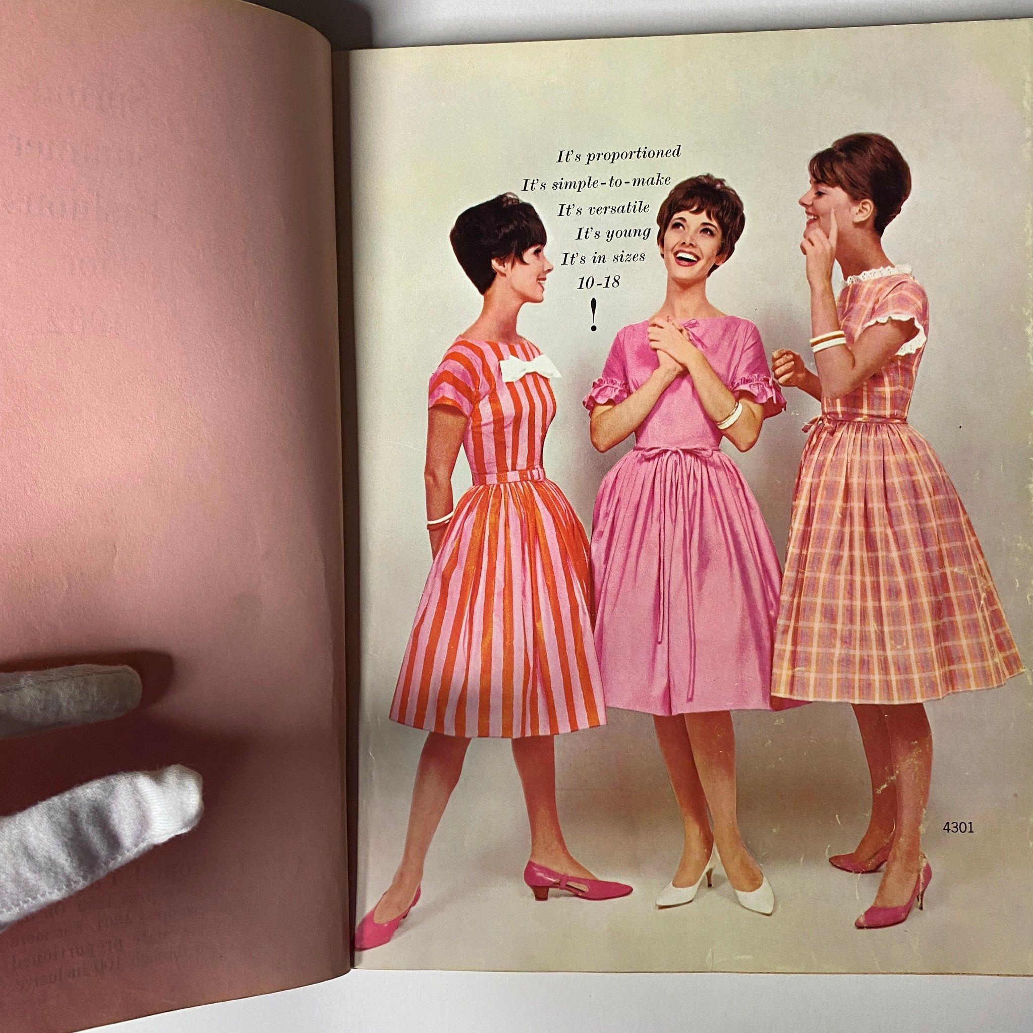 Model wearing three distinct dresses from the 1962 Simplicity Spring Summer School Catalog, highlighting proportionate, simple, and youthful designs.