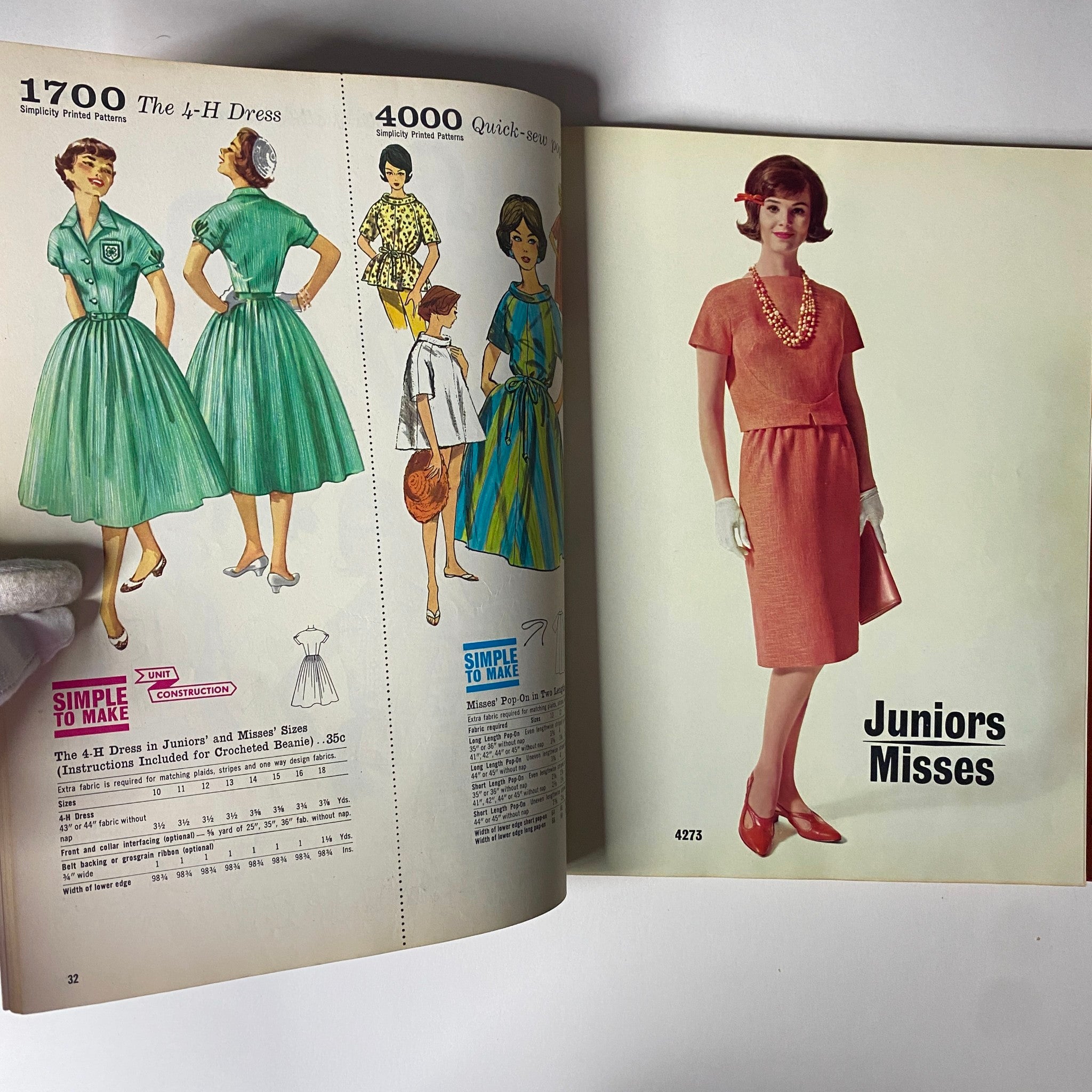 Interior page of the 1962 Simplicity Spring Summer School Catalog featuring a variety of dress patterns and detailed garment descriptions.