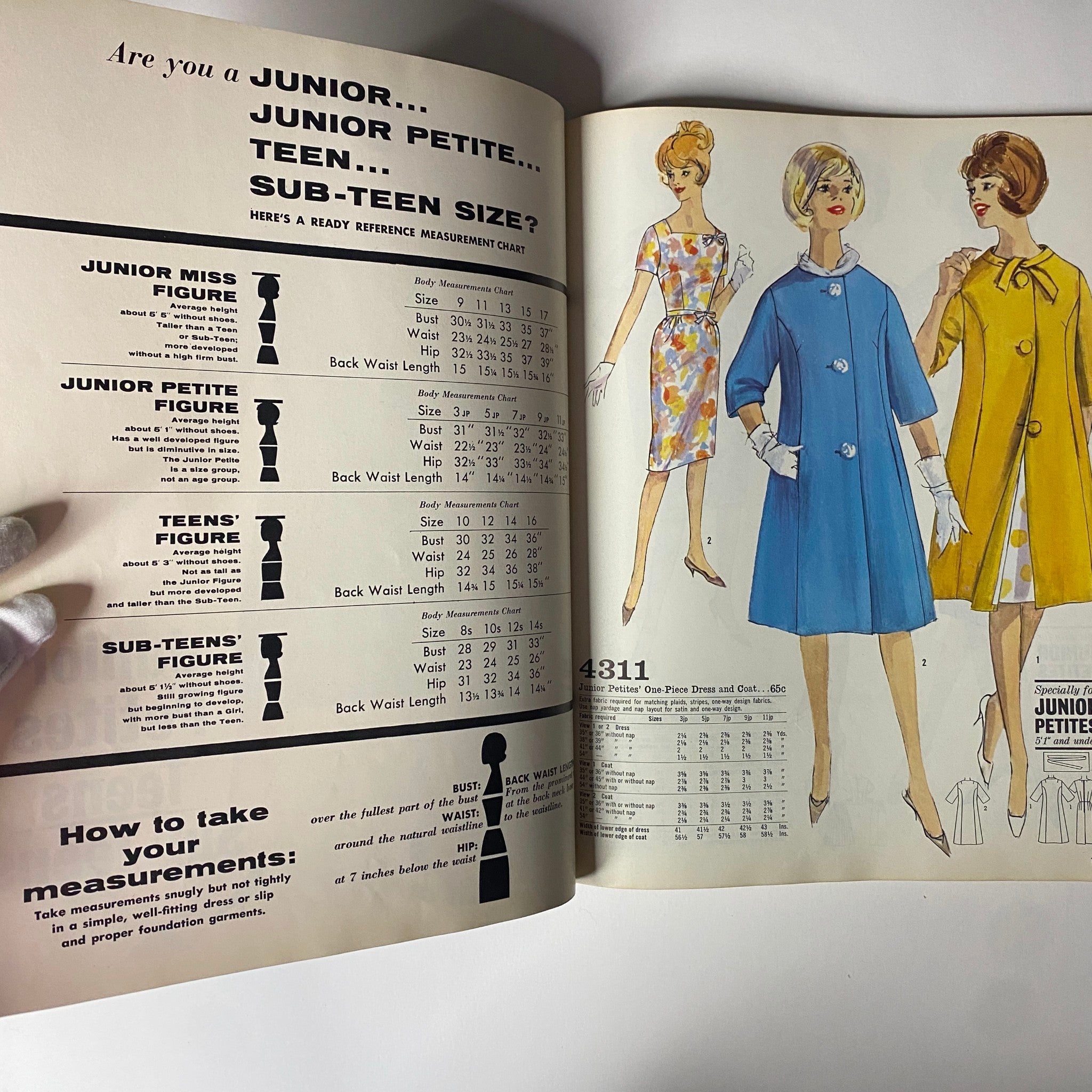 1962 Simplicity Spring Summer School Catalog Sewing Pattern Store Counter Book presenting a measurement chart for junior, junior petite, teen, and sub-teen sizes alongside illustrated dresses, facilitating accurate fitting for young sewers.