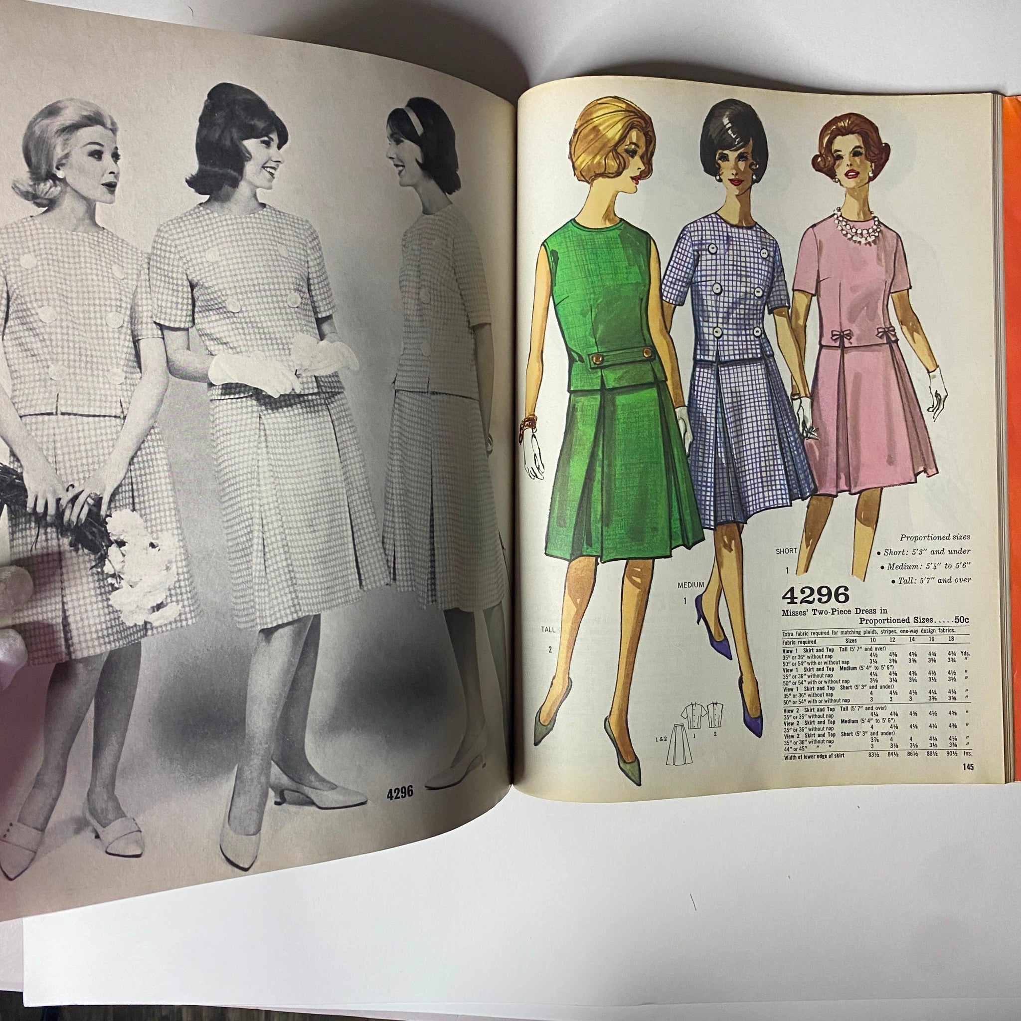 1962 Simplicity Spring Summer School Catalog Sewing Pattern Store Counter Book depicting models in classic dresses, including a green two-piece outfit, reflecting sophisticated fashion from the early 1960s.