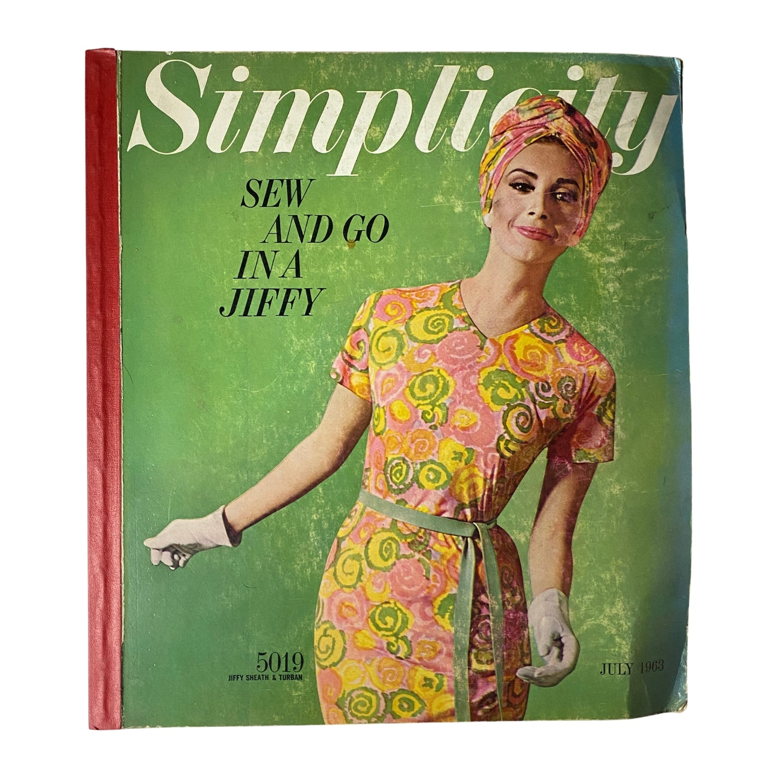 Cover of the 1963 July Simplicity Sew Catalog featuring a model in a floral dress, title reads 'Sew and Go in a Jiffy'.