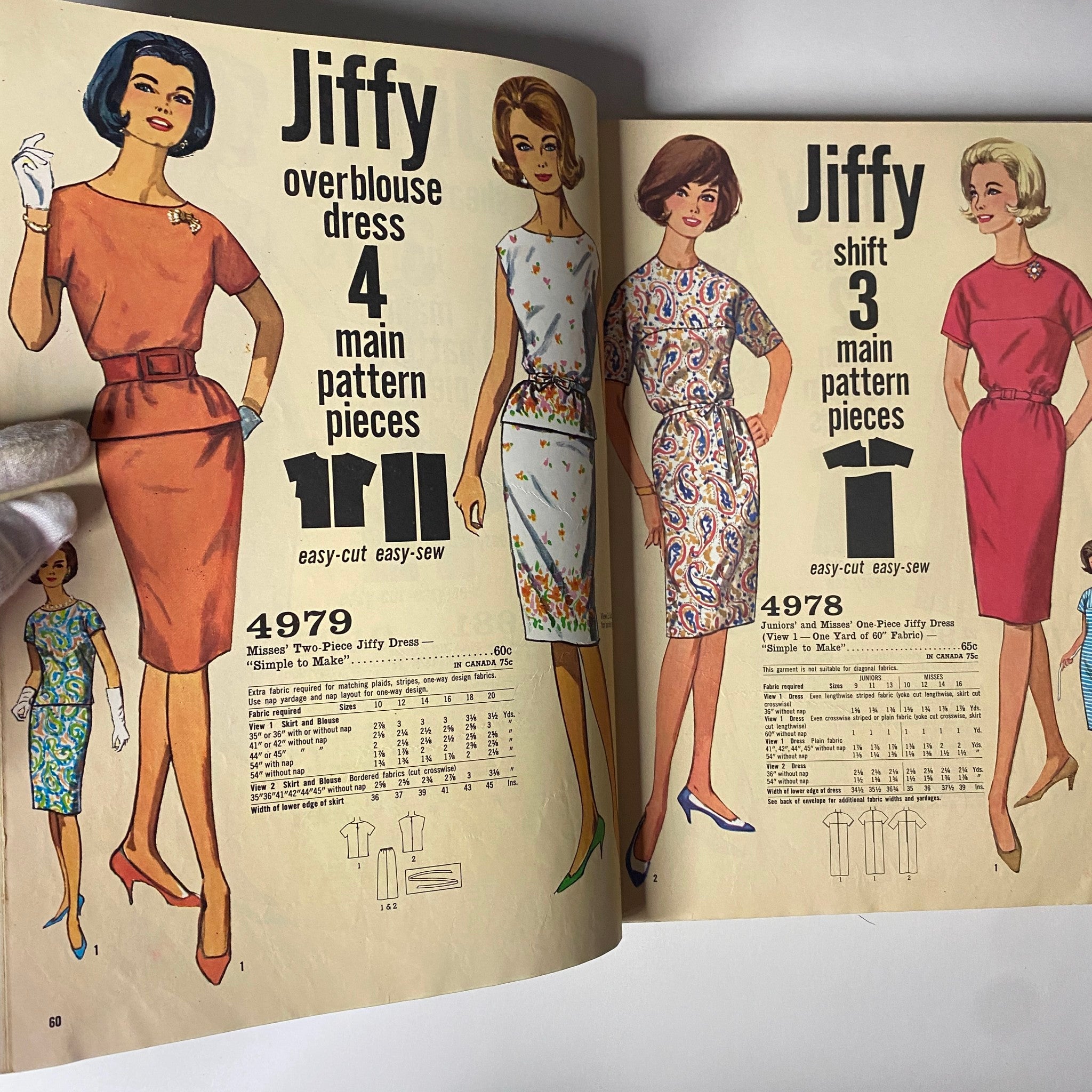 1963 July Simplicity Sew Catalog featuring Jiffy overblouse dress patterns and details. Showcases 4 main pattern pieces with easy-cut easy-sew instructions for fashionable dresses.