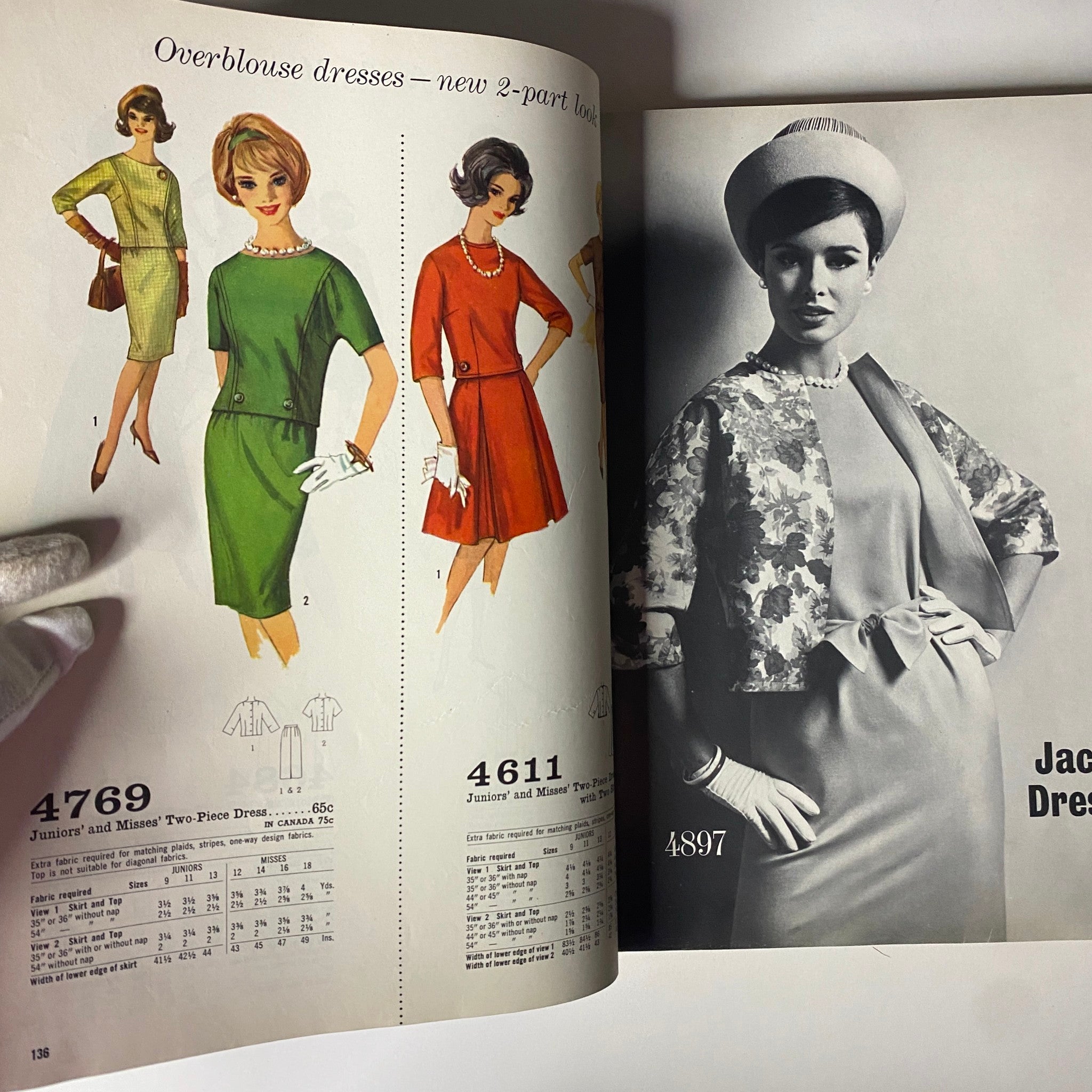 1963 July Simplicity Sew Catalog page highlighting Overblouse dress patterns. Displays junior and misses dress styles with simple two-part looks, including model looks and pattern details.