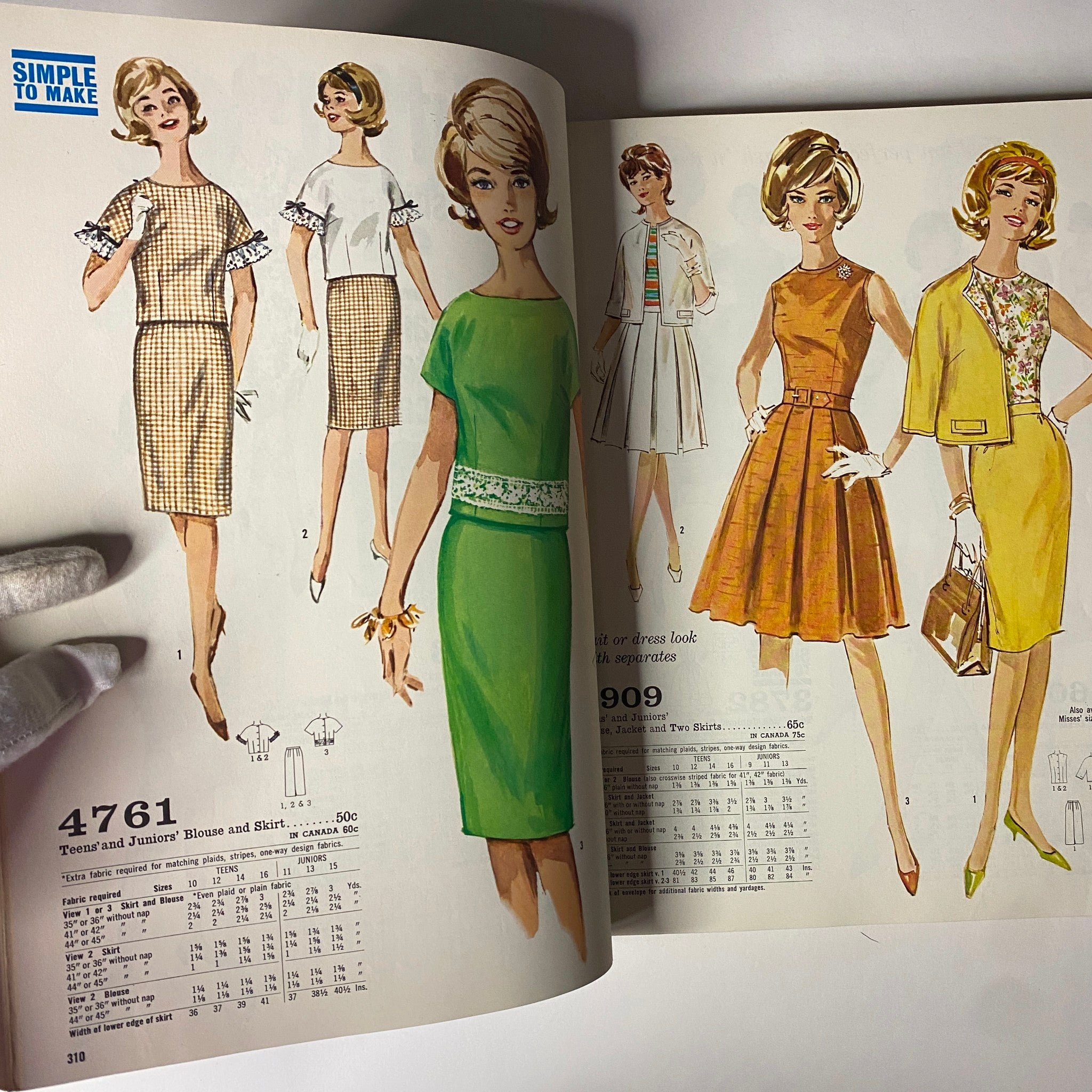 1963 July Simplicity Sew Catalog featuring blouse and skirt patterns. Showcases a variety of styles including blouses, skirts, and dresses in bright, vintage colors from the 1960s.
