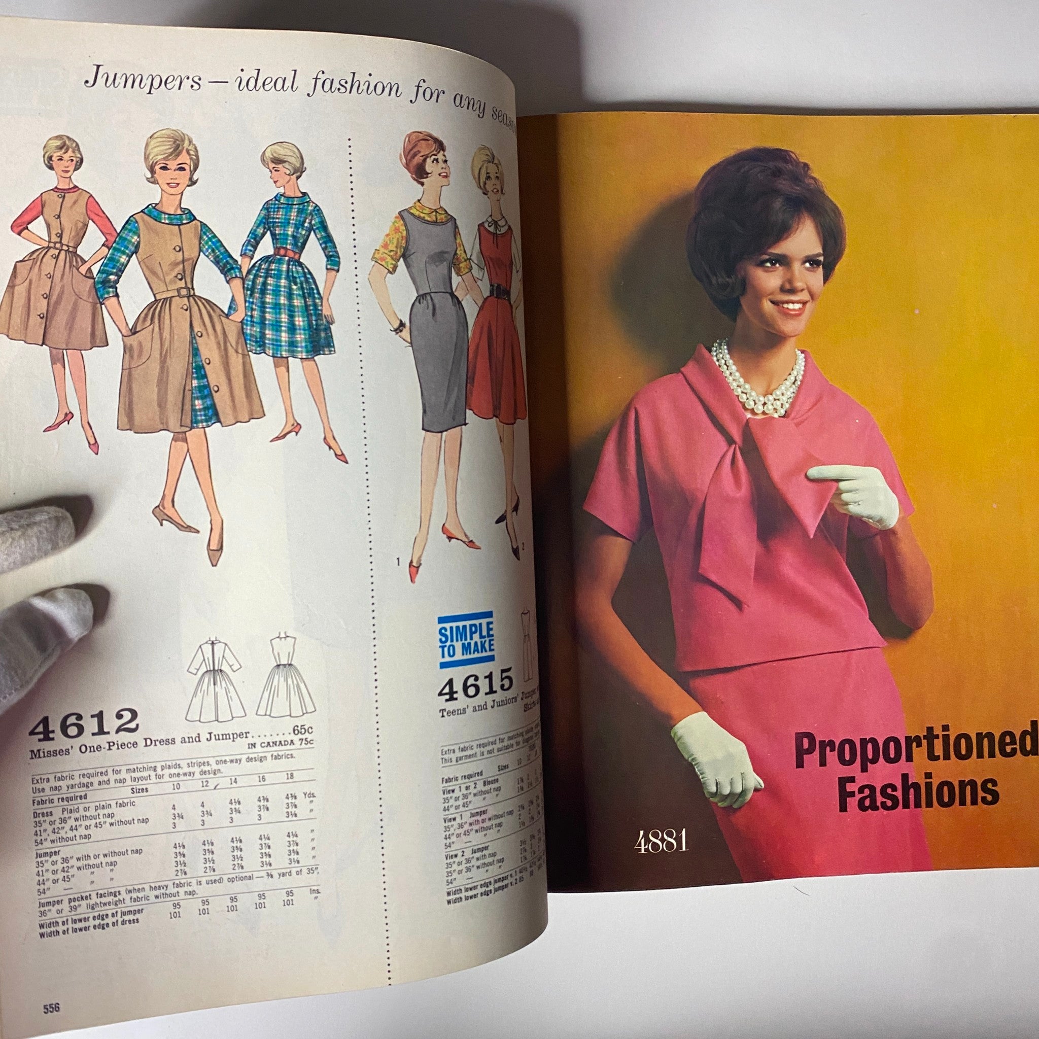 1963 July Simplicity Sew Catalog showcasing jumper styles ideal for any season. Features detailed descriptions of dress patterns with model illustrations and easy sewing options.