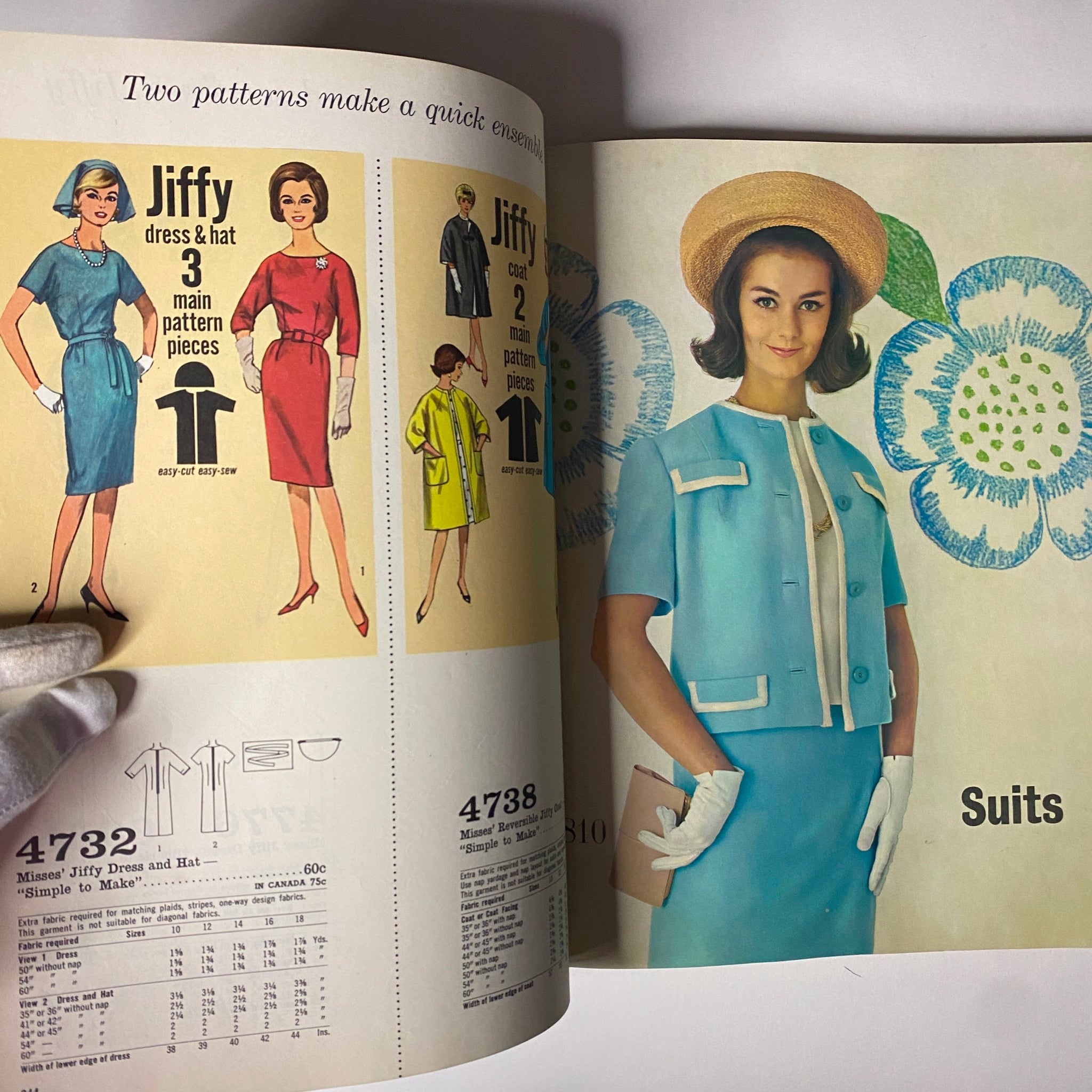 1963 July Simplicity Sew Catalog presenting quick sewing patterns for Misses' dresses and hats. Includes designs from the Jiffy collection with minimal pattern pieces for easy assembly.