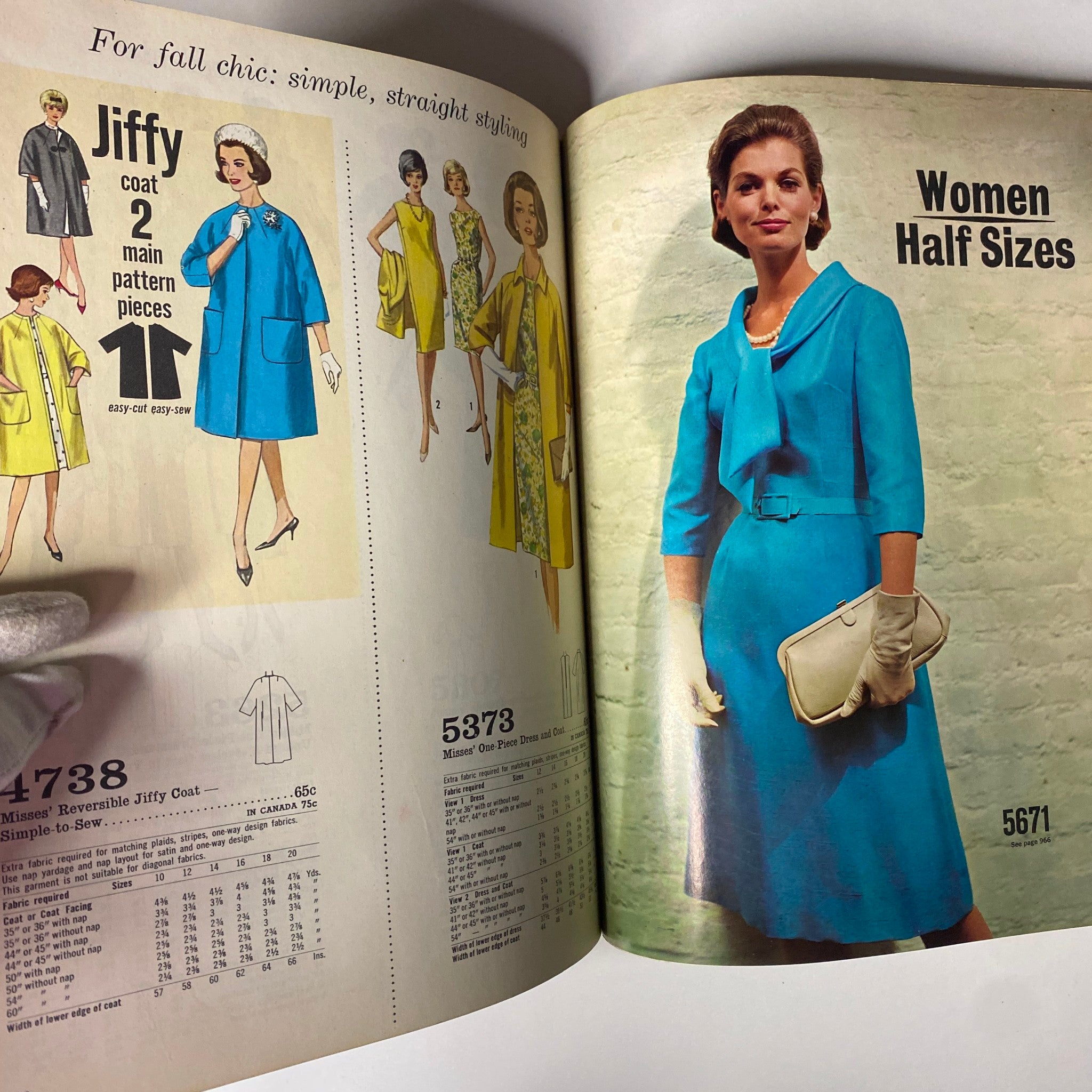 1964 October Simplicity Fall Catalog featuring Jiffy coat and Women Half Sizes with simple, elegant sewing patterns for fall fashion.
