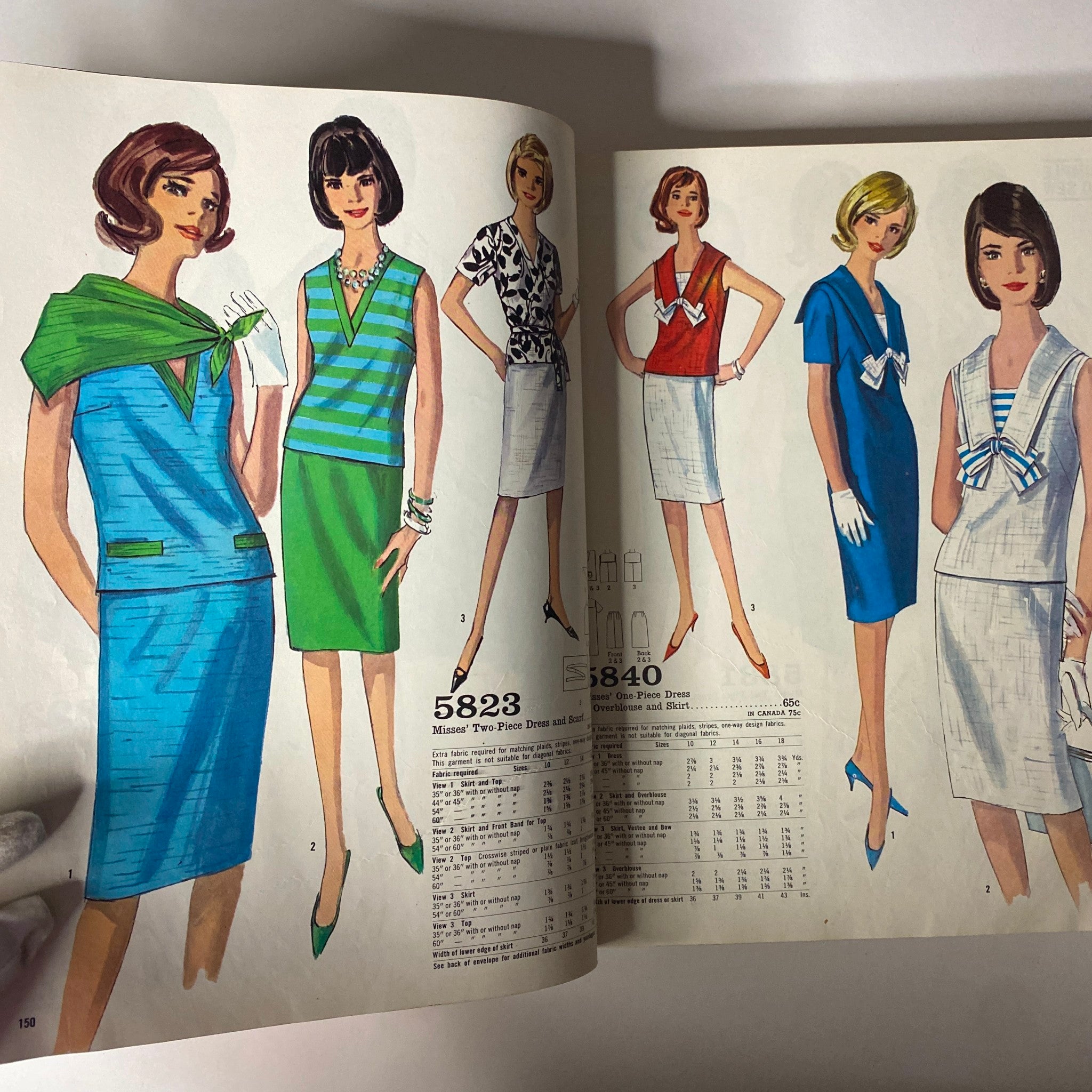 Illustrated page from the 1965 May Simplicity Catalog, presenting a variety of Misses' dresses with a focus on vibrant colors and styles.