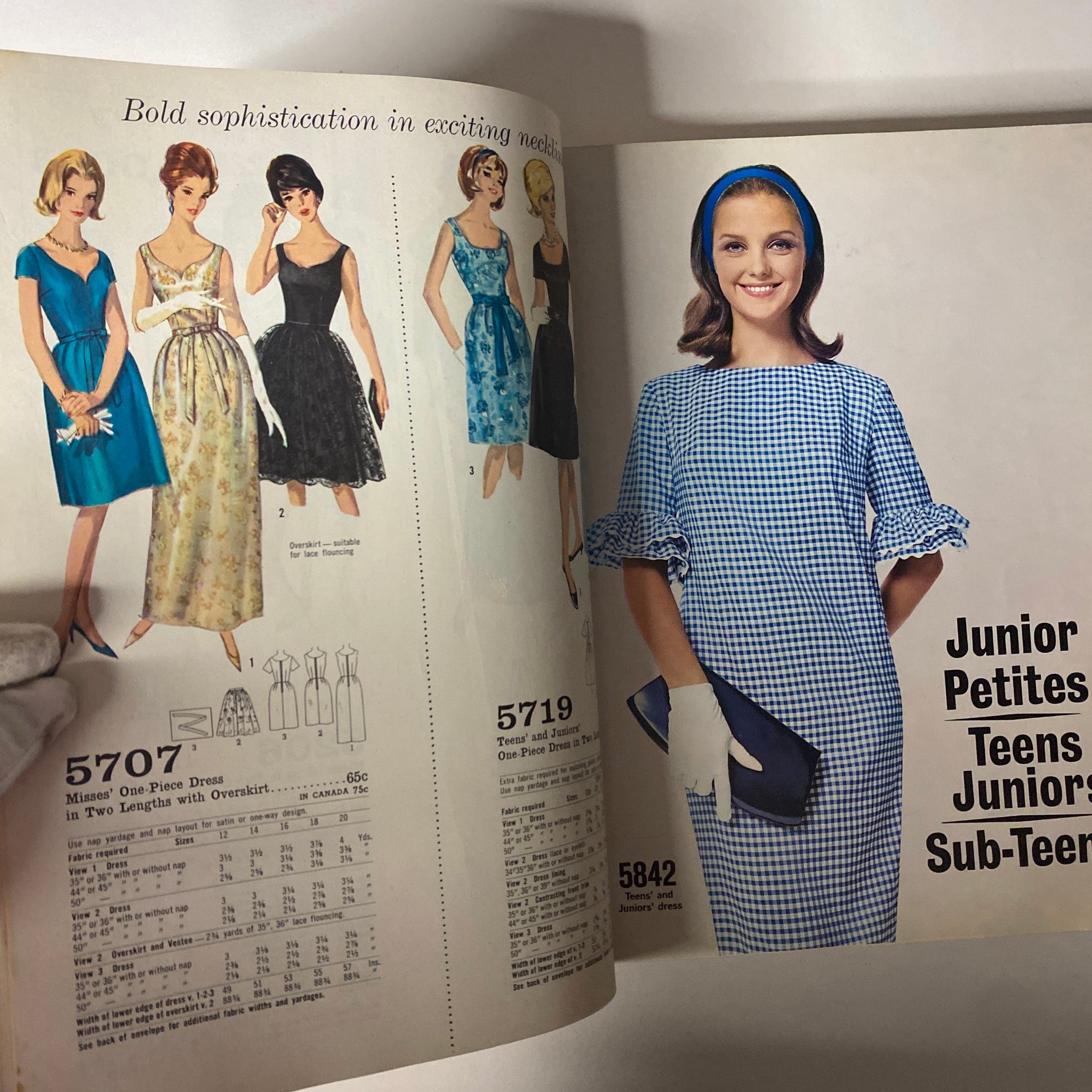 Fashion spread from the 1965 May Simplicity Catalog showcasing dresses for Junior Petites, Teens, and Juniors, emphasizing stylish and timeless designs.