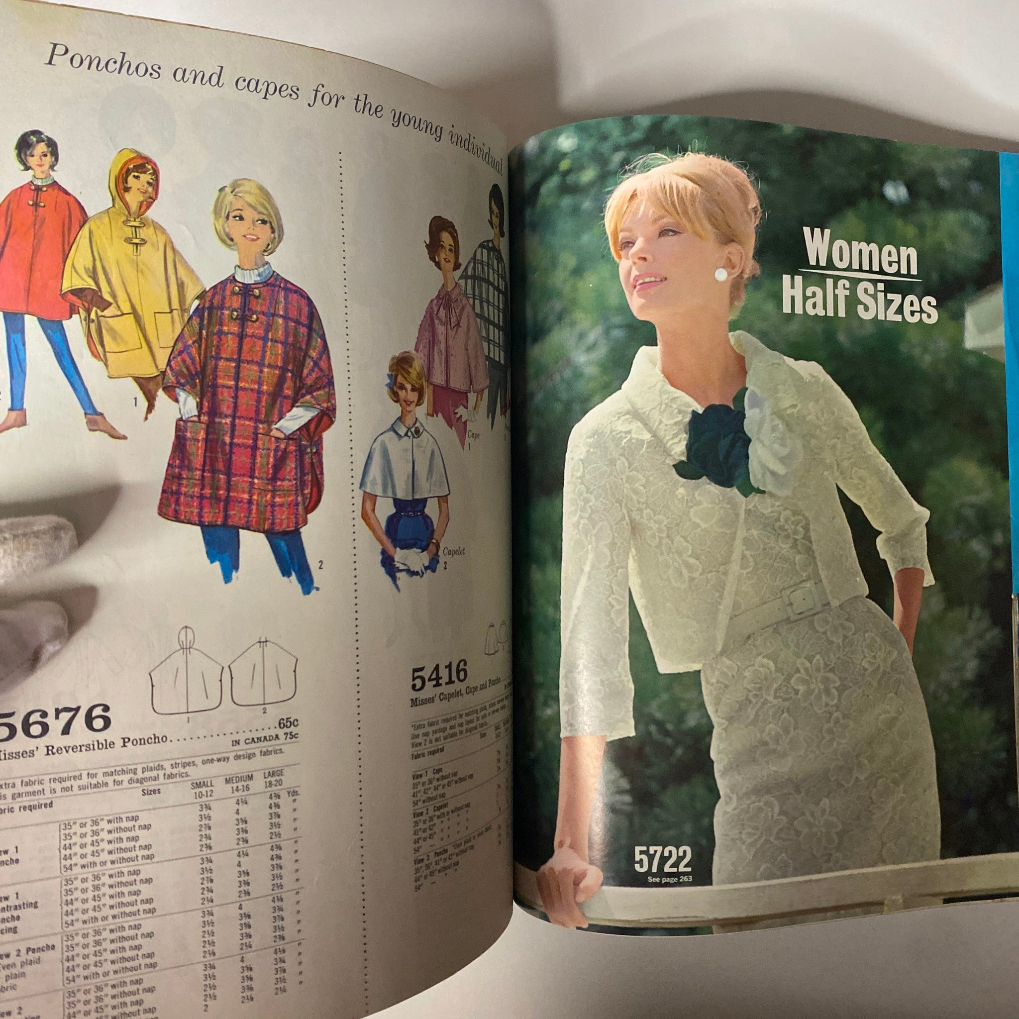 1965 May Simplicity Catalog image featuring women's fashion, highlighting ponchos and capes for young individuals, with a glamorous model dressed in an elegant outfit.