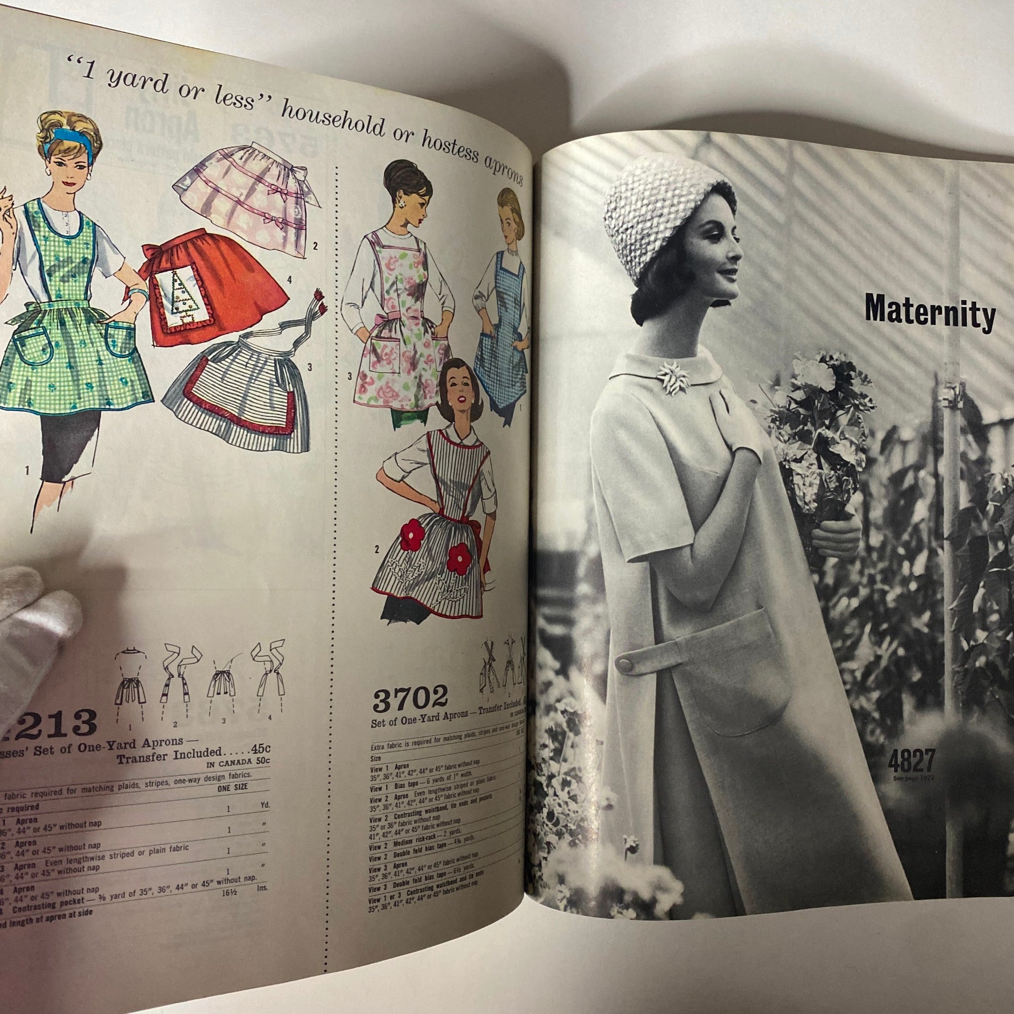 1965 May Simplicity Catalog sewing pattern page displaying designs for hostess aprons and maternity wear, featuring vintage illustrations and a stylish model.