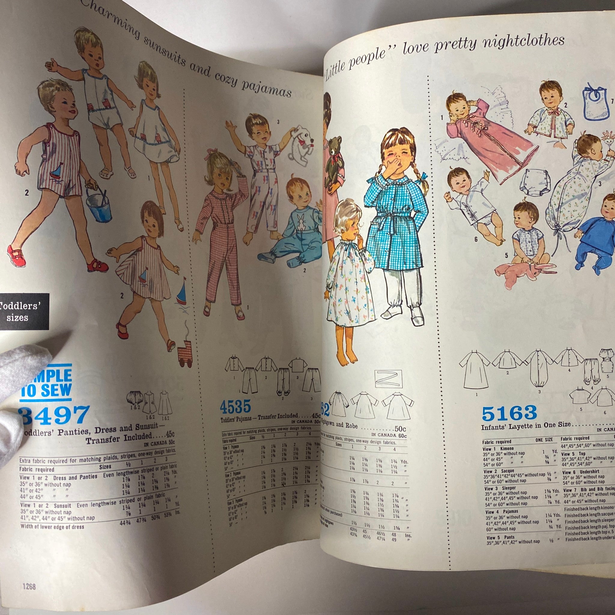 1965 May Simplicity Catalog image portraying toddler clothing designs, featuring charming sunsuits and pajamas with playful illustrations for kids.