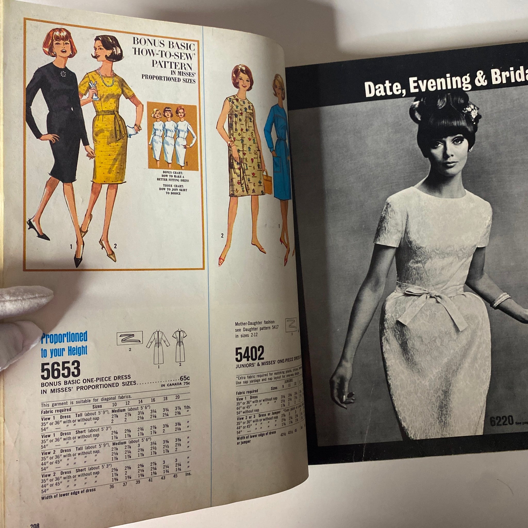 Illustrations of how-to-sew patterns featured in the 1965 December Simplicity Christmas Catalog, highlighting various dress options for juniors and misses for festive occasions.