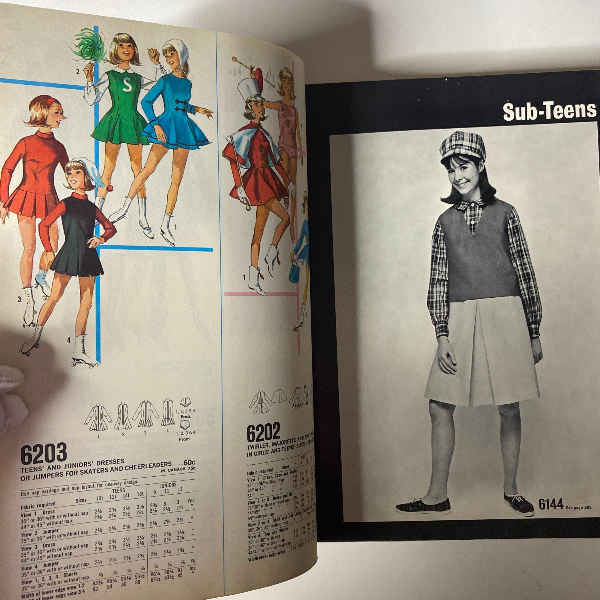 Page from the 1965 December Simplicity Christmas Catalog displaying patterns for teens and juniors' dresses and jumpers for skaters and cheerleaders, perfect for holiday celebrations.