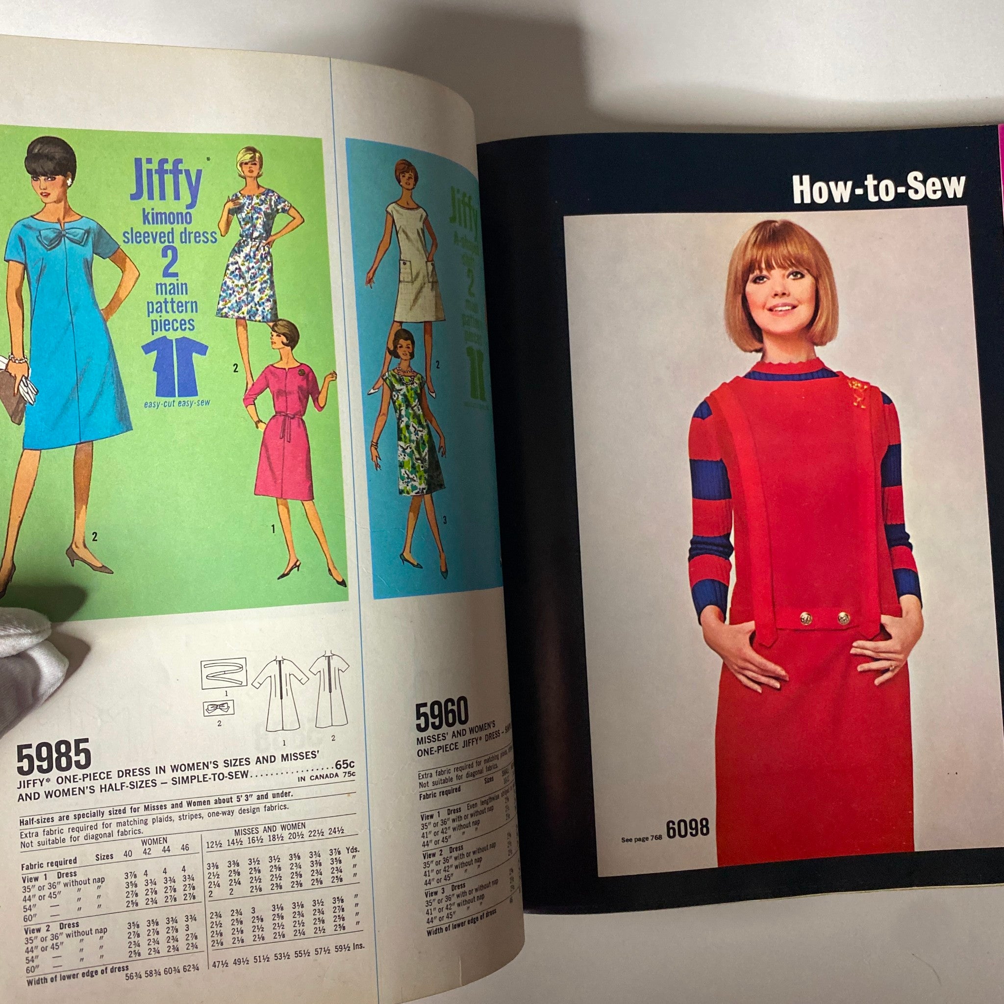 1965 December Simplicity Christmas Catalog highlighting various Jiffy dress patterns with models showcasing colorful dresses, perfect for holiday sewing.