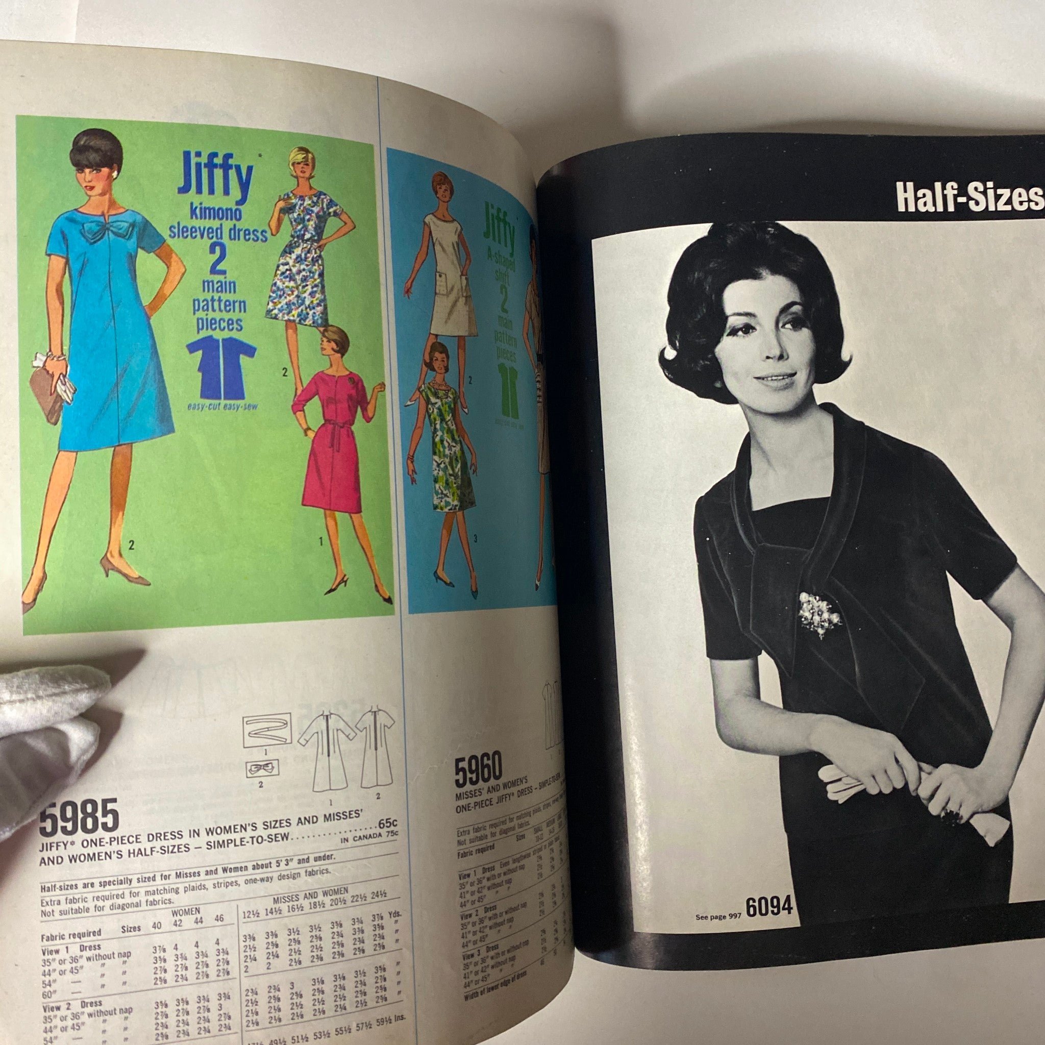 1965 December Simplicity Christmas Catalog illustrating Jiffy dress patterns with models in vibrant styles, ideal for seasonal sewing projects.