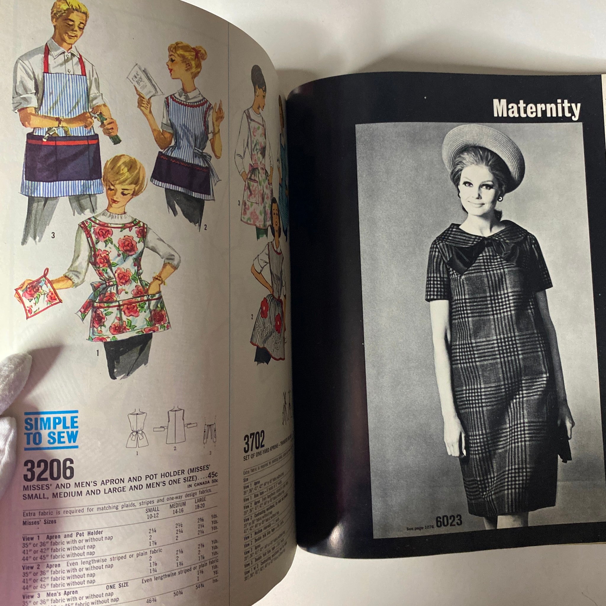1965 December Simplicity Christmas Catalog featuring a maternity-style dress alongside instructional sewing guides, suitable for 1960s-inspired maternity designs.