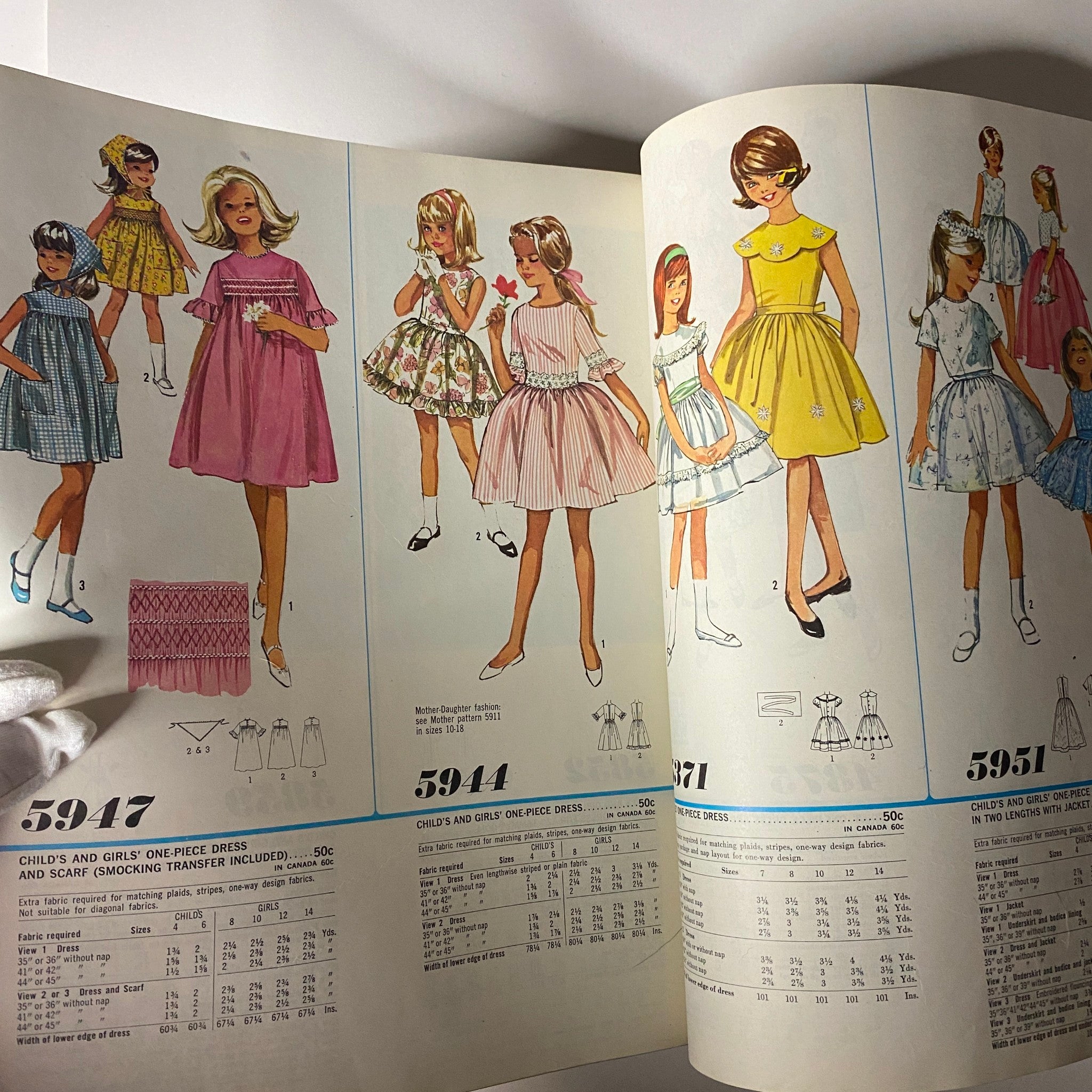 1965 December Simplicity Christmas Catalog featuring colorful sewing patterns for girls' dresses, showcasing a variety of styles and designs suitable for holiday celebrations.