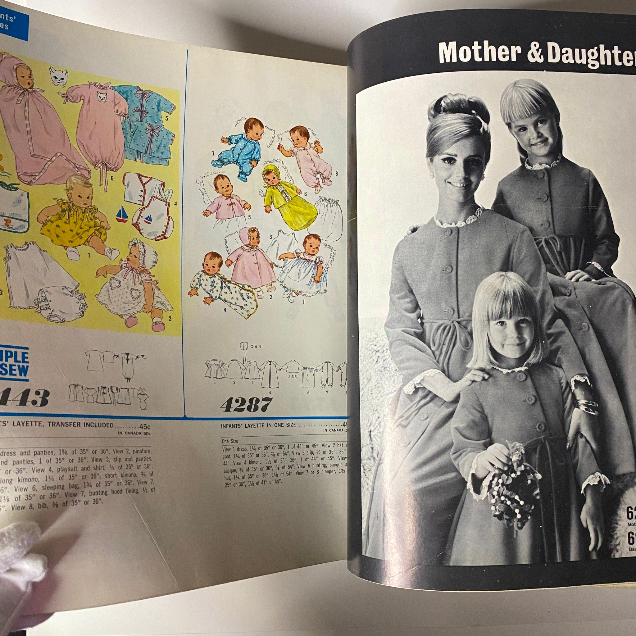 1965 December Simplicity Christmas Catalog with designs for mother-daughter outfits, highlighting adorable baby and children clothing patterns within a festive theme.