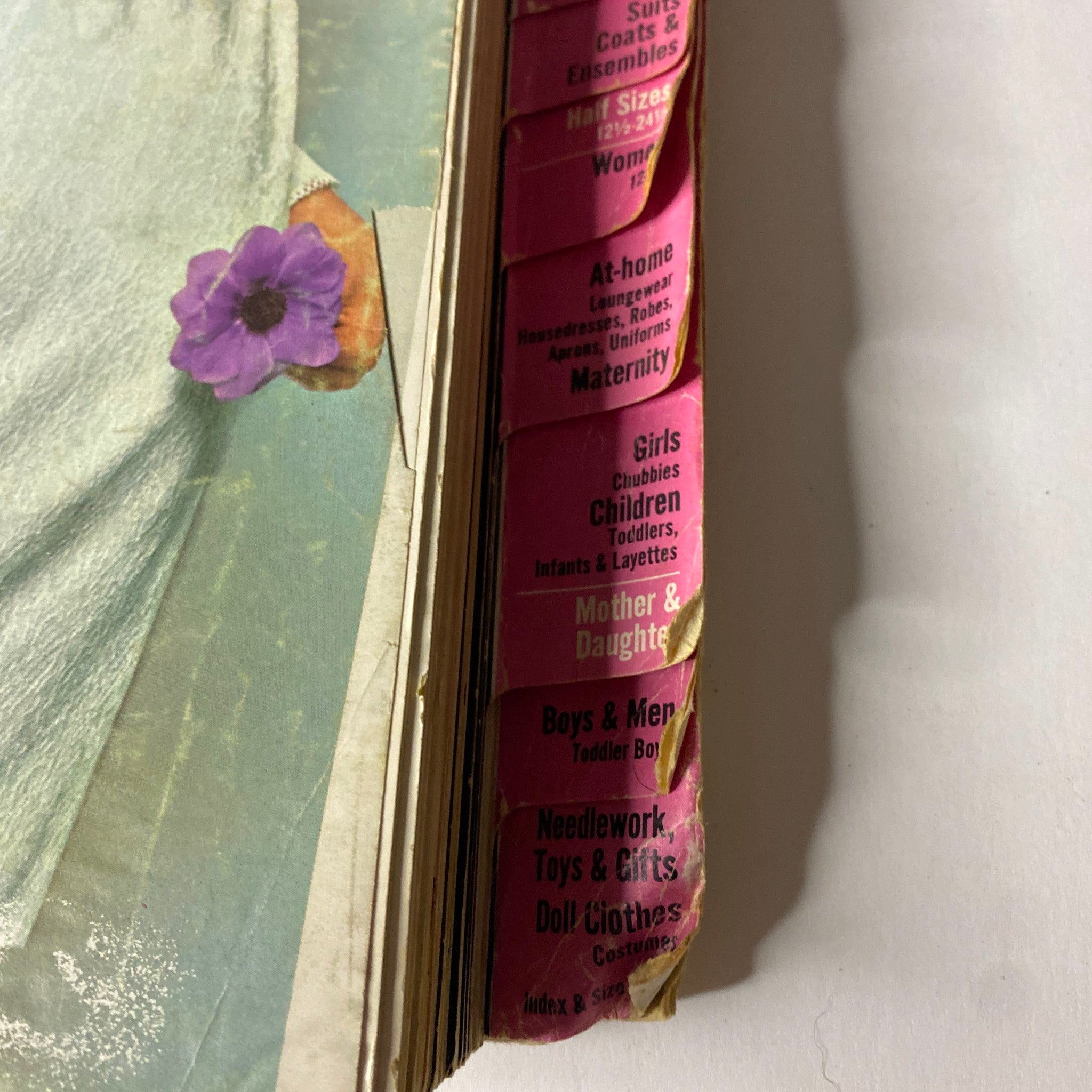 Detailed image of the 1966 May Simplicity Fashion Catalog spine, showcasing categories for mother-daughter patterns among other vintage fashion sections.