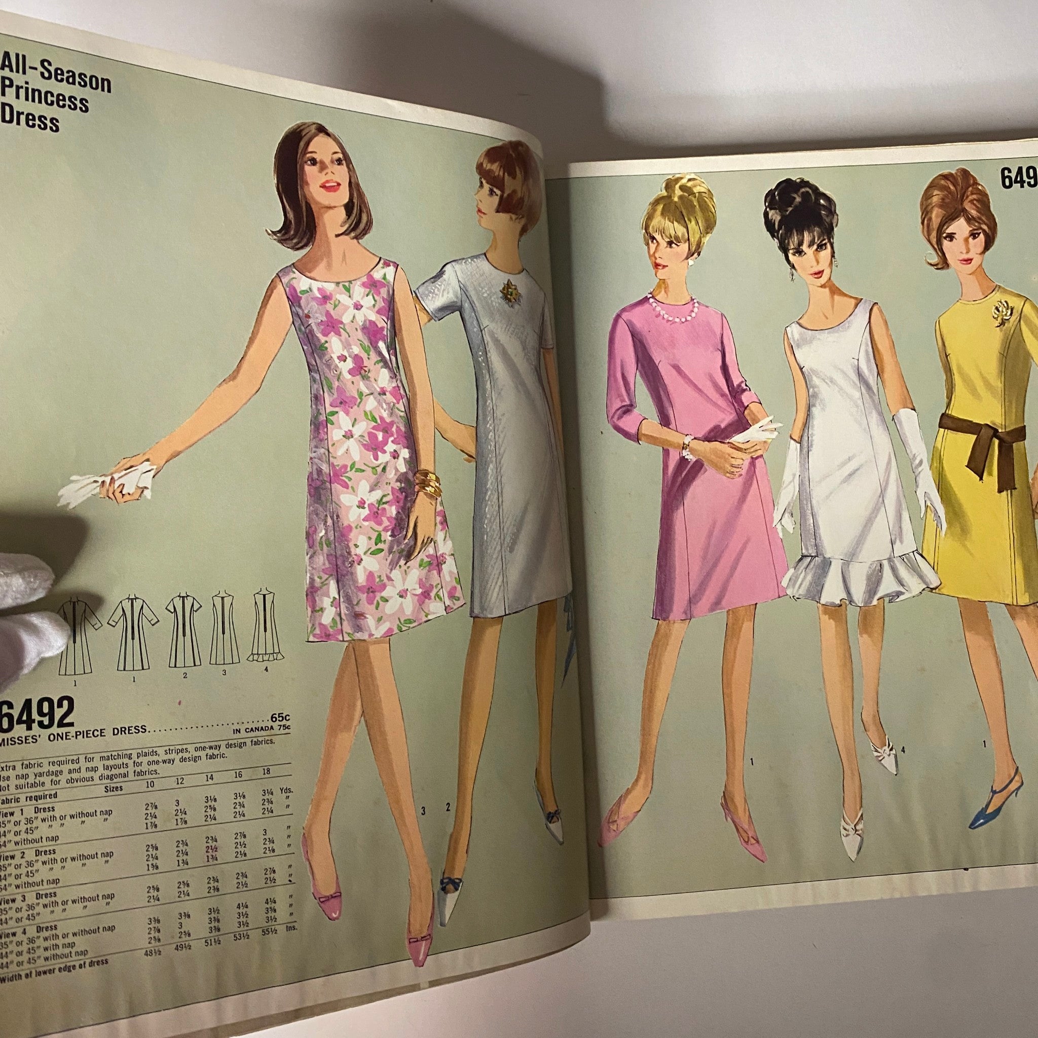 1966 May Simplicity Fashion Giant Catalog showcasing All-Season Princess Dresses, featuring multiple models wearing stylish 1960s one-piece dresses with floral and elegant designs.