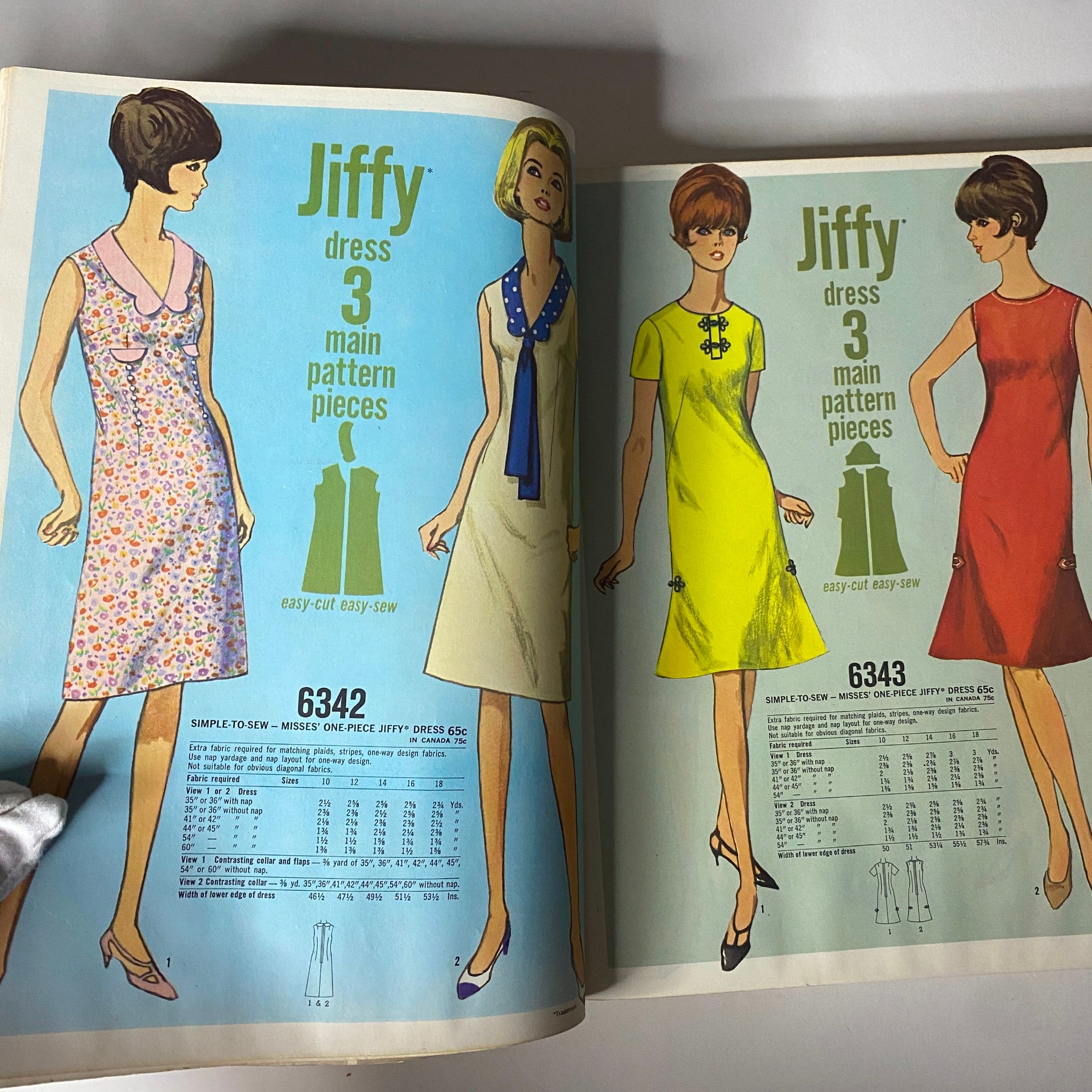 1966 May Simplicity Fashion Giant Catalog presenting Jiffy Dresses, displaying four models in colorful and trendy dresses suitable for casual and elegant occasions.