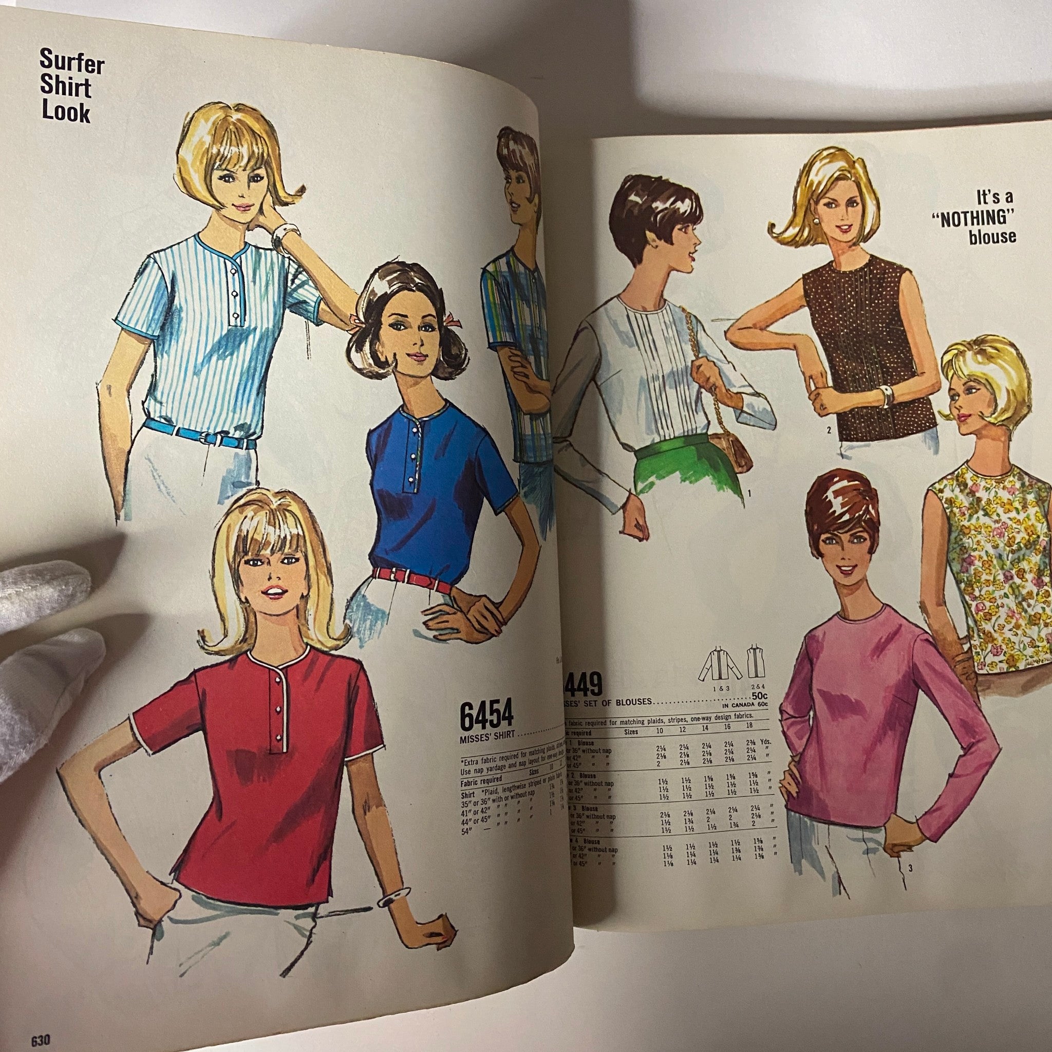 1966 May Simplicity Fashion Giant Catalog depicting various blouses and casual wear styles, showcasing the Surfer Shirt Look with models in fashionable shirts and casual outfits from the mid-1960s.