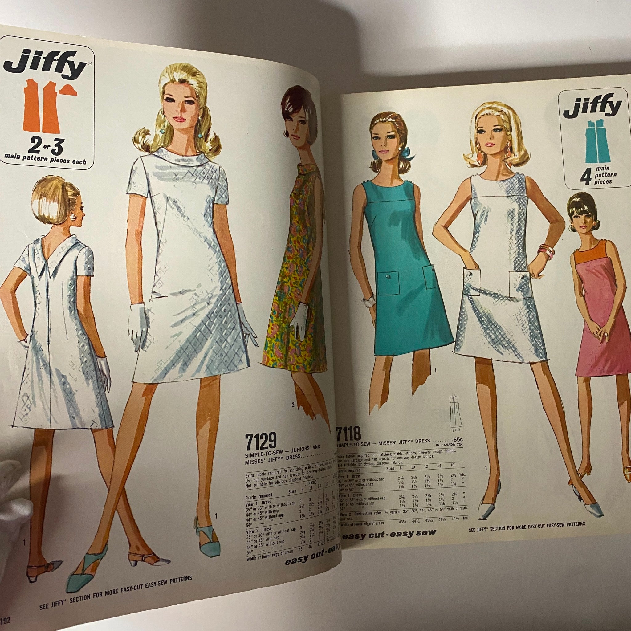 1967 June Simplicity Sewing Pattern Catalog showcasing Jiffy patterns with women's dresses in various styles, colors, and patterns suitable for casual wear.
